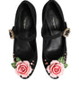Dolce &amp; Gabbana Black Flower Crystal Embellished Mary Jane Shoes