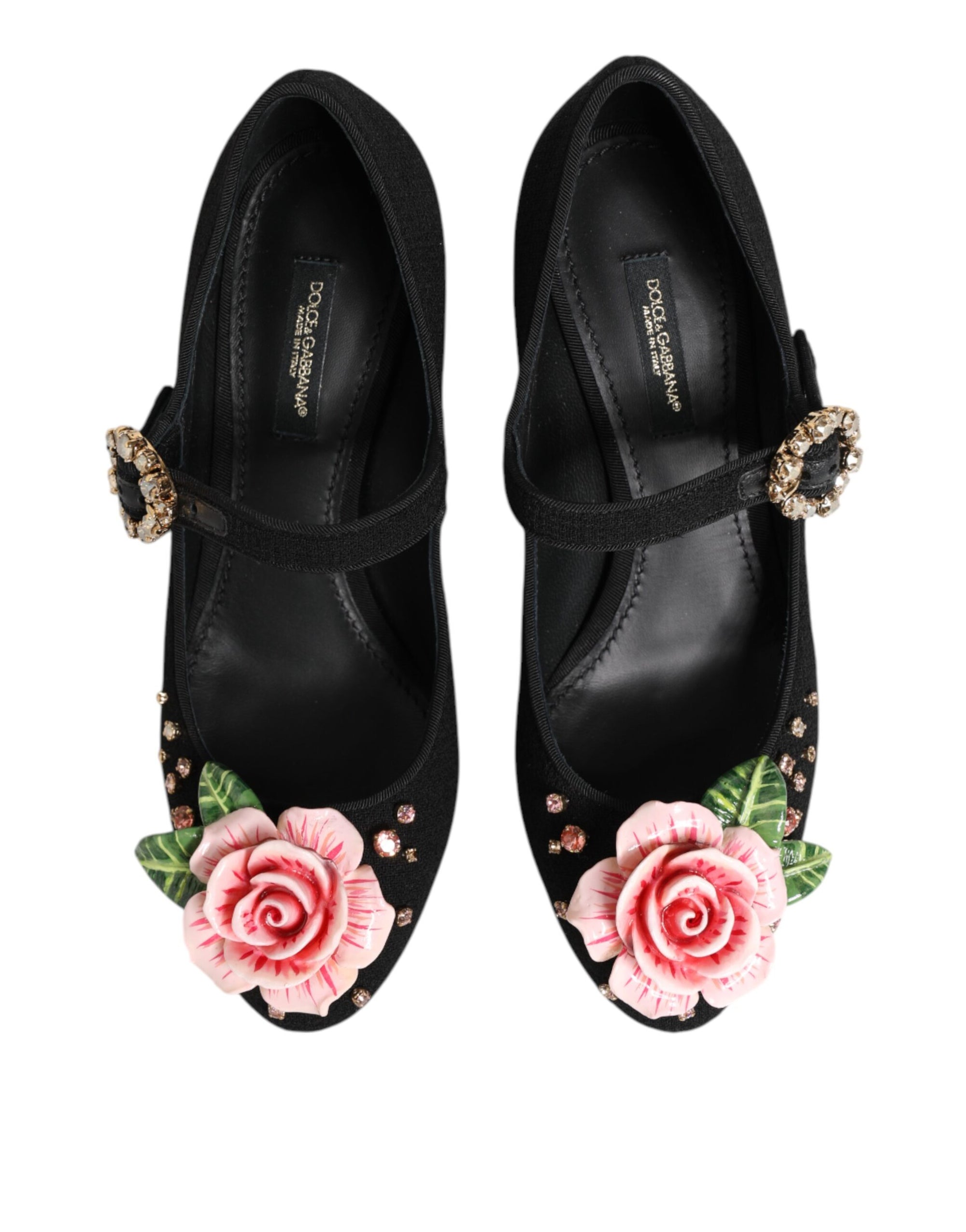 Dolce &amp; Gabbana Black Flower Crystal Embellished Mary Jane Shoes