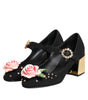 Dolce &amp; Gabbana Black Flower Crystal Embellished Mary Jane Shoes
