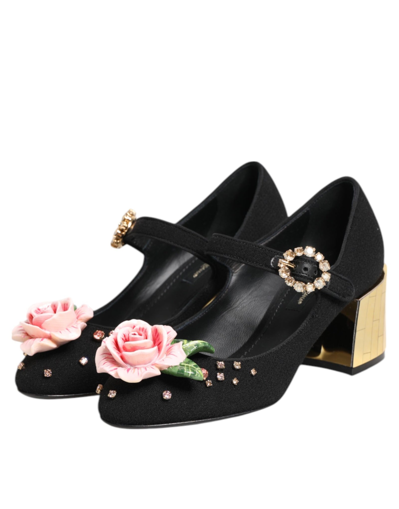 Dolce &amp; Gabbana Black Flower Crystal Embellished Mary Jane Shoes