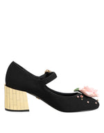 Dolce &amp; Gabbana Black Flower Crystal Embellished Mary Jane Shoes