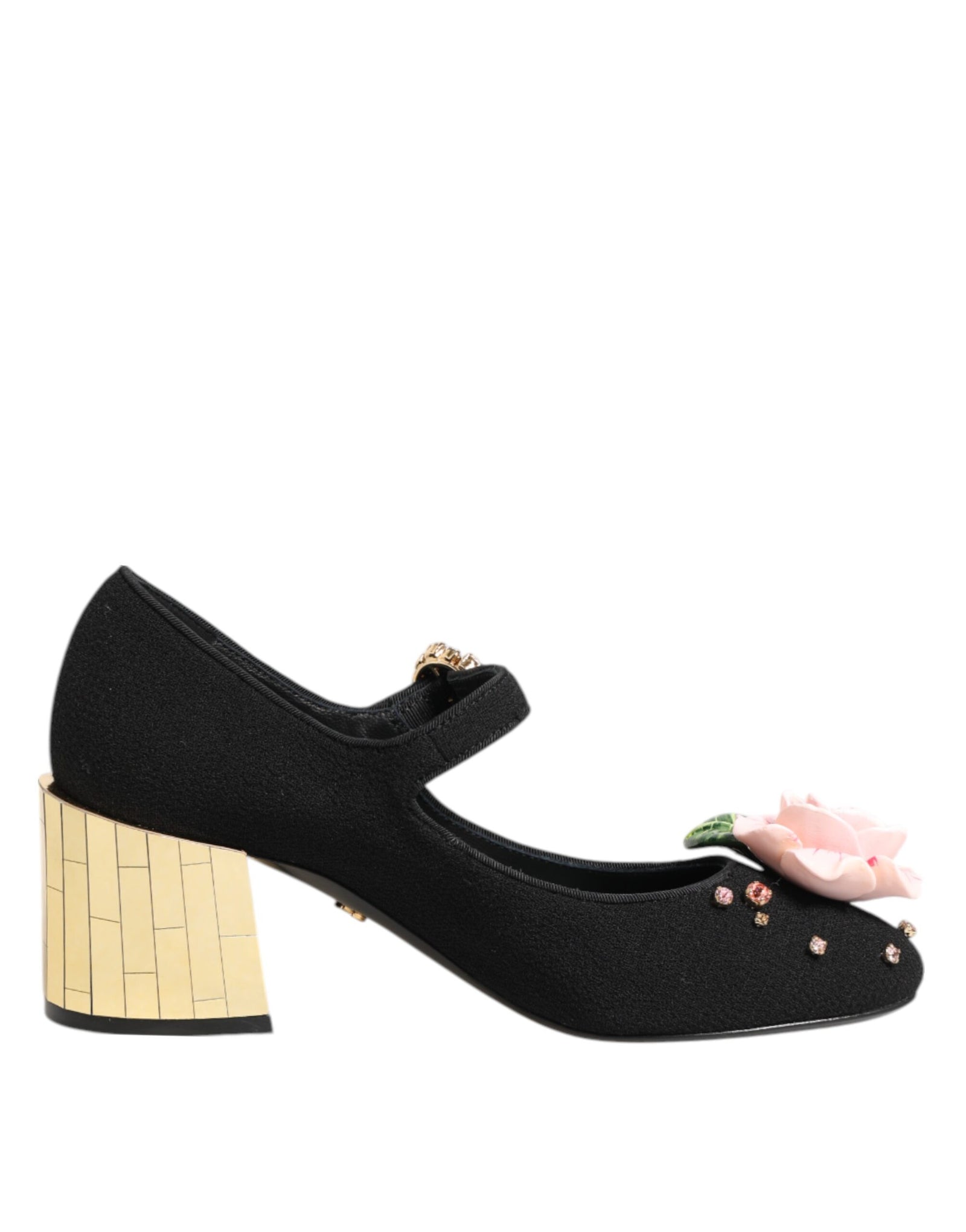 Dolce &amp; Gabbana Black Flower Crystal Embellished Mary Jane Shoes