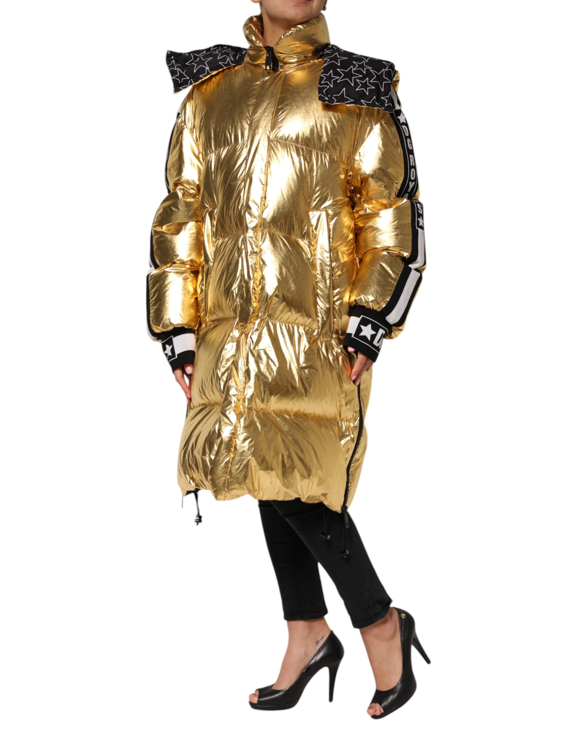 Dolce &amp; Gabbana Gold Hooded Puffer Quilted Full Zip Jacket