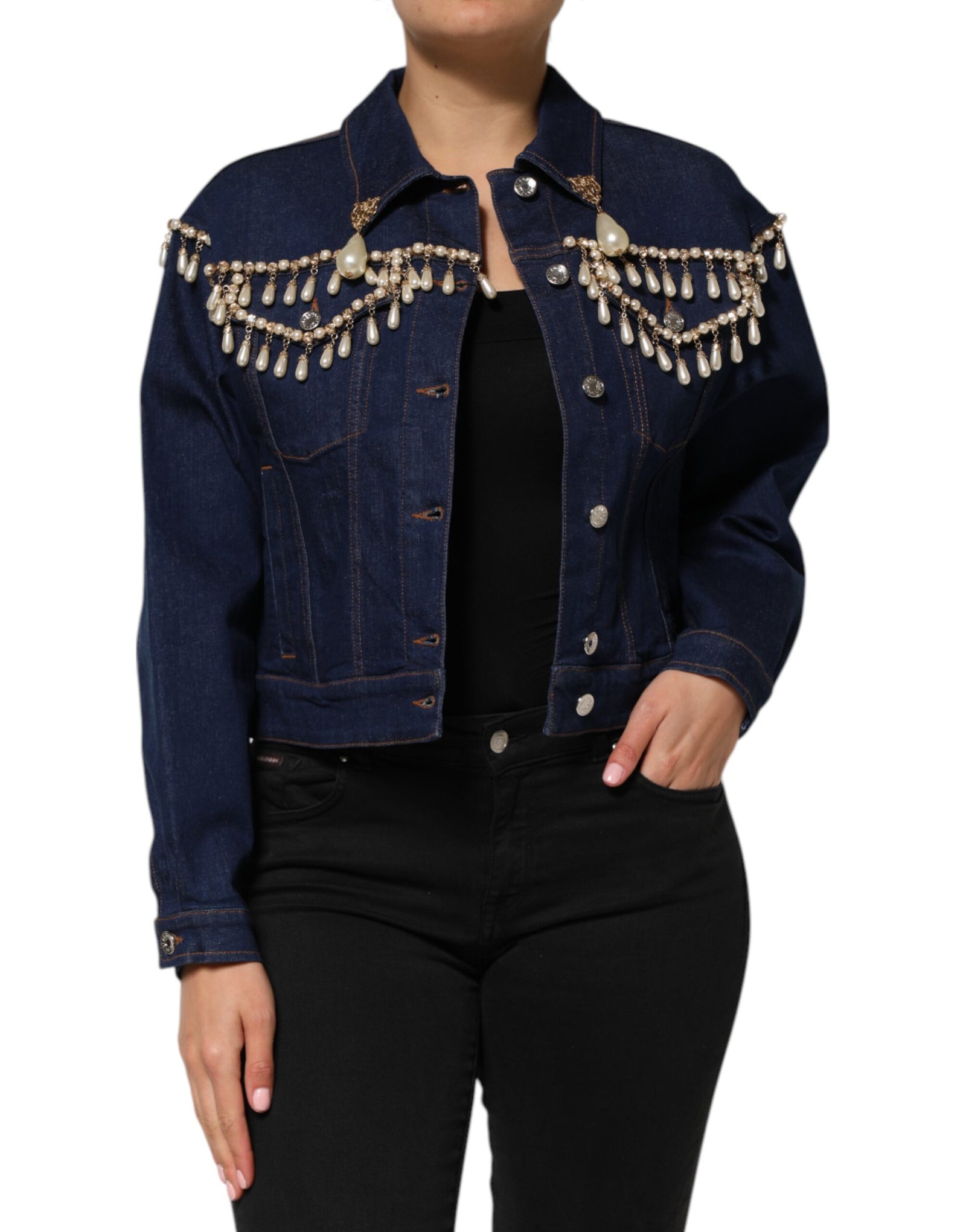 Veste en denim de coton bleu ornée de cristaux Dolce &amp; Gabbana