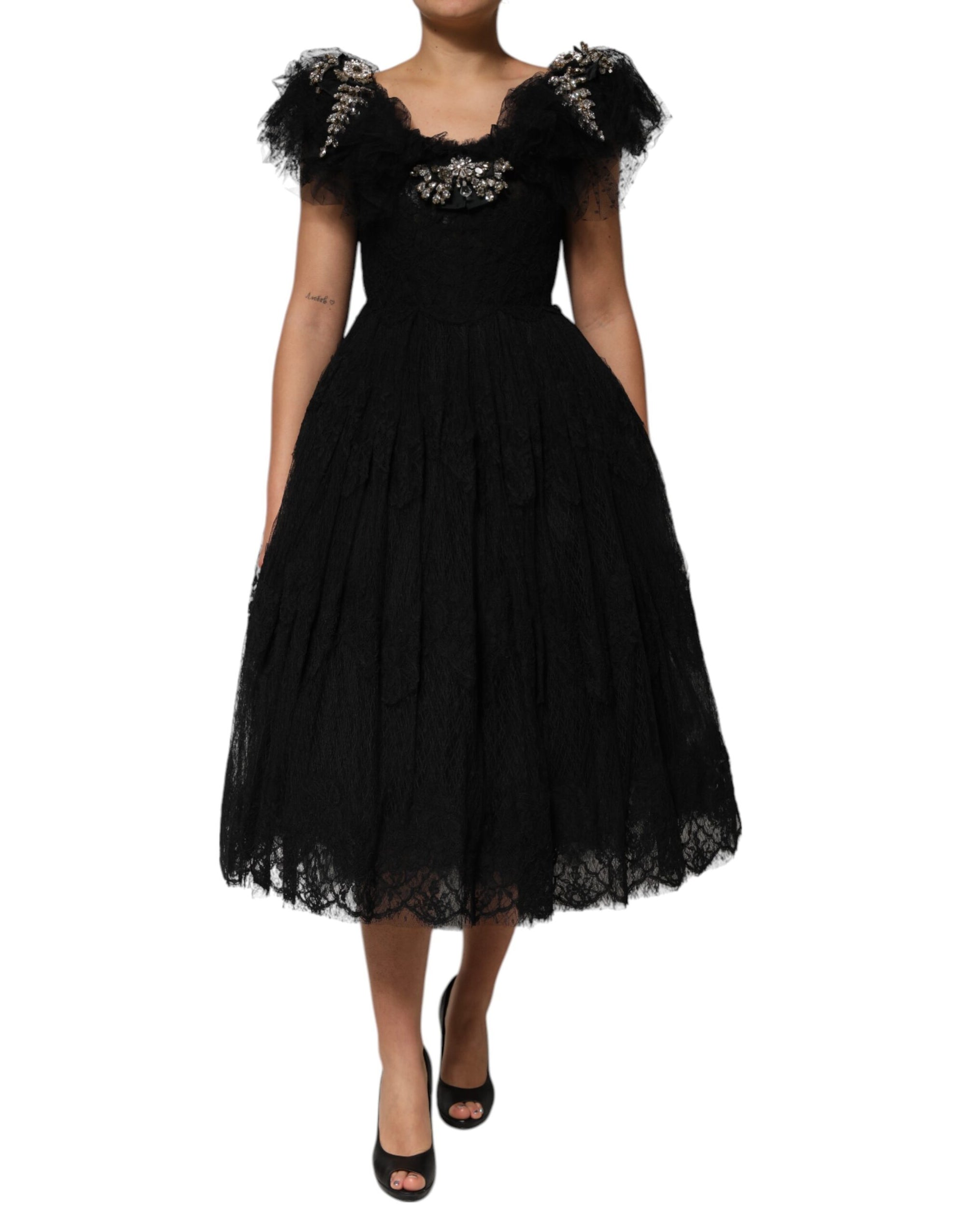Dolce &amp; Gabbana Black Crystal Embellished Midi A-line Dress