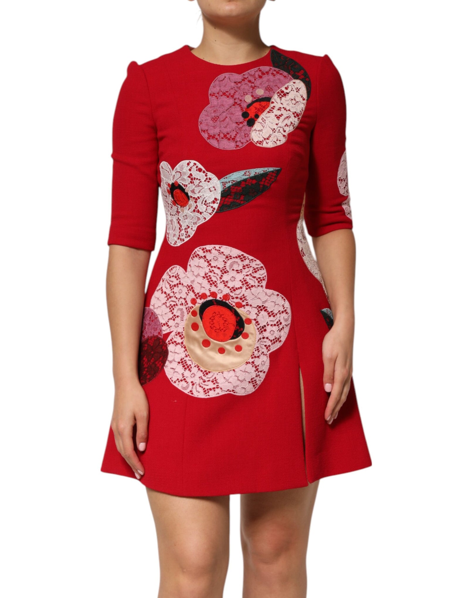 Dolce &amp; Gabbana Red Lace Floral Applique A-line Mini Dress