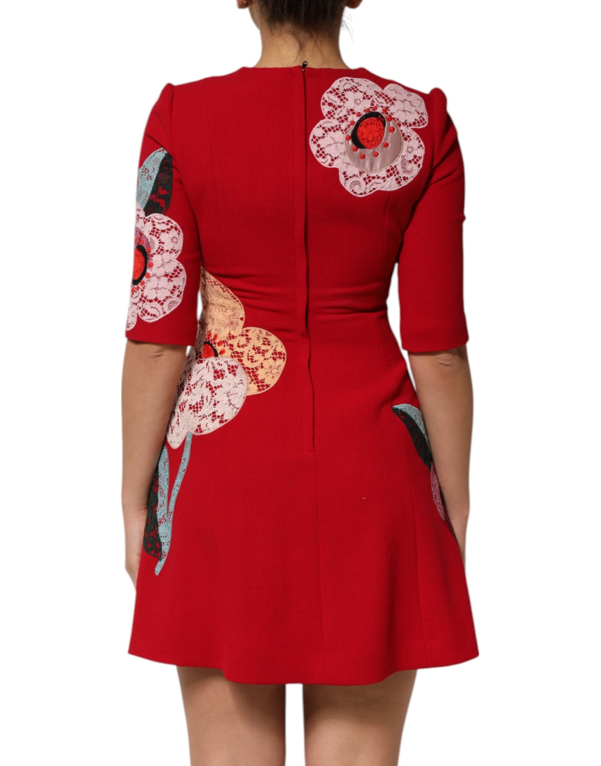 Dolce &amp; Gabbana Red Lace Floral Applique A-line Mini Dress