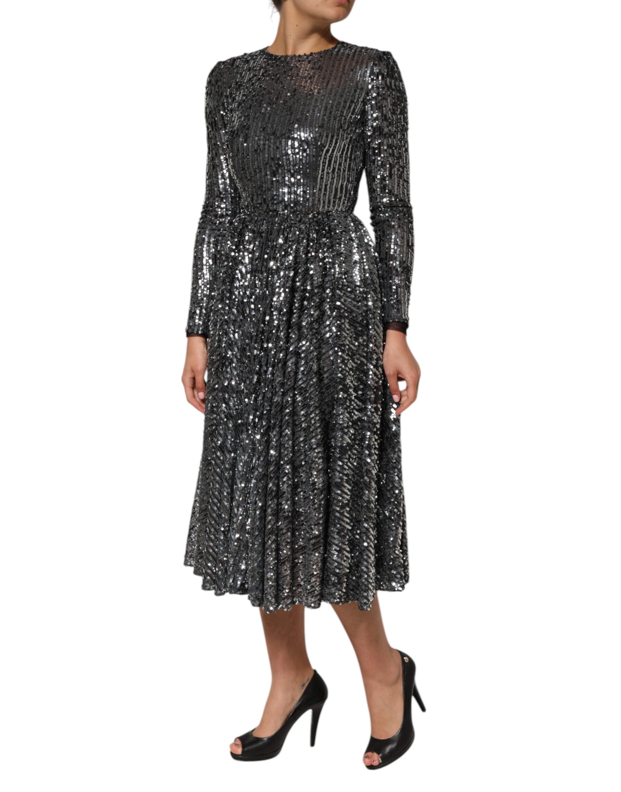 Robe mi-longue trapèze noire à paillettes et manches longues Dolce &amp; Gabbana