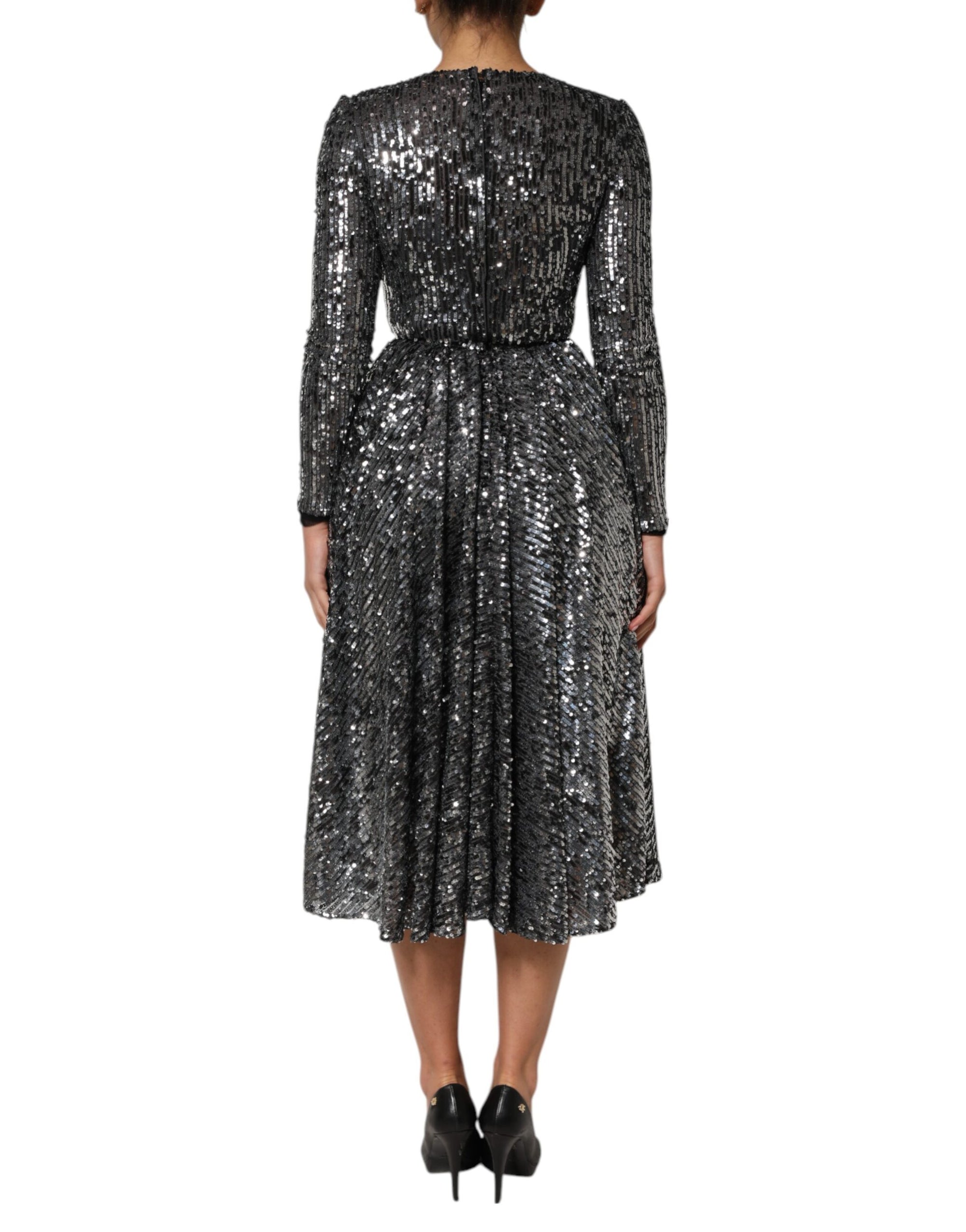 Robe mi-longue trapèze noire à paillettes et manches longues Dolce &amp; Gabbana