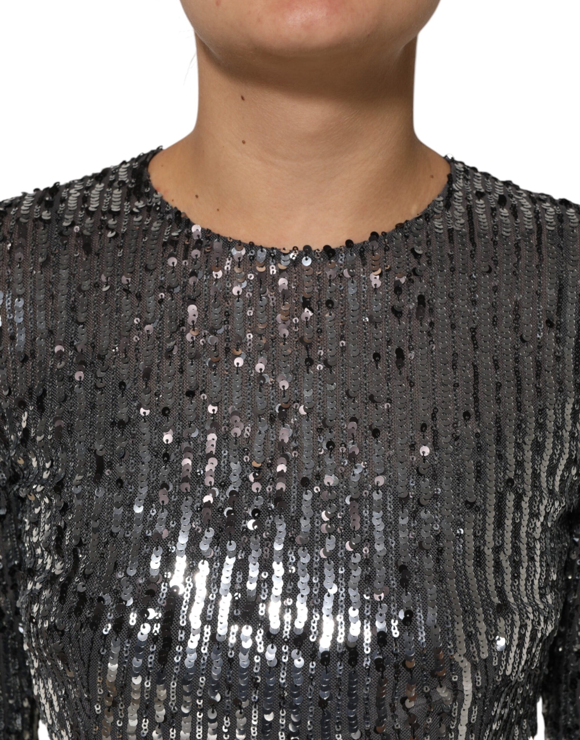 Robe mi-longue trapèze noire à paillettes et manches longues Dolce &amp; Gabbana