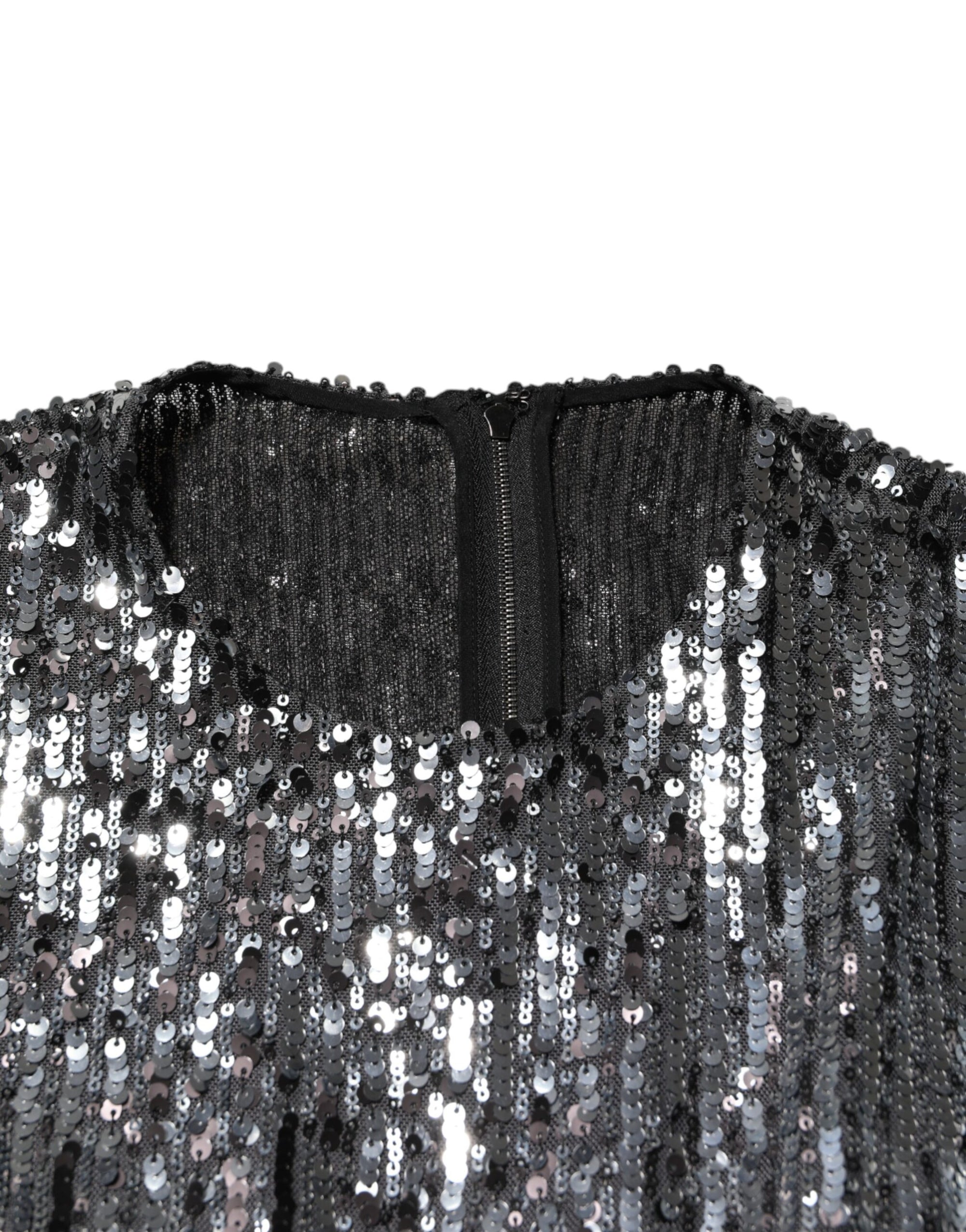 Robe mi-longue trapèze noire à paillettes et manches longues Dolce &amp; Gabbana