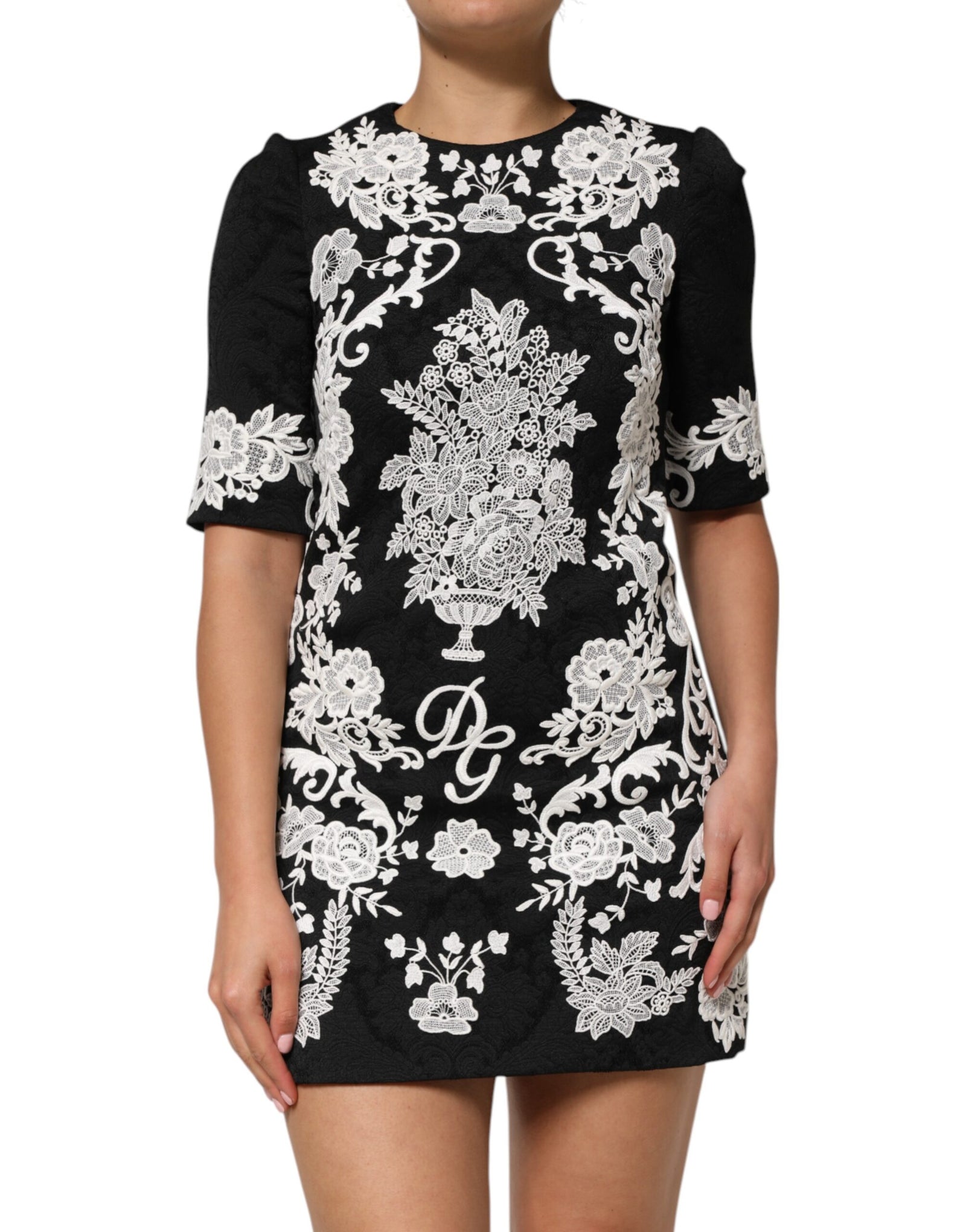 Dolce &amp; Gabbana Black Lace Trim Short Sleeves A-line Dress