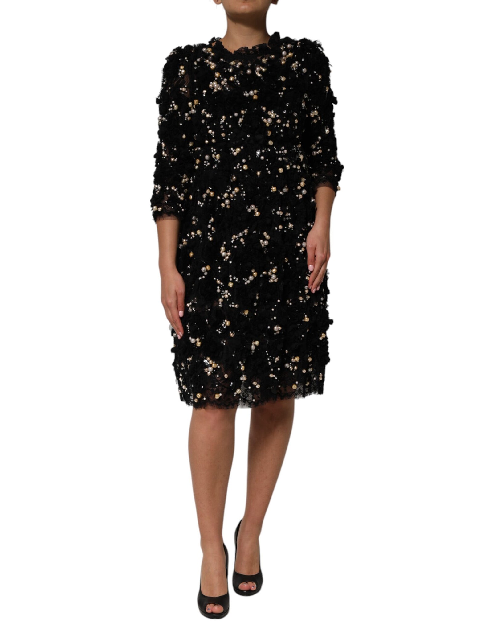 Dolce &amp; Gabbana Black Viscose Pearl Embellishment Shift Dress