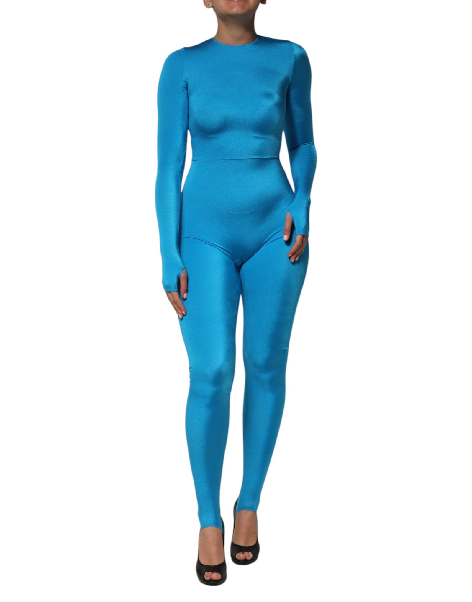Dolce &amp; Gabbana Blue Nylon Crew Neck Bodycon Jumpsuit Dress