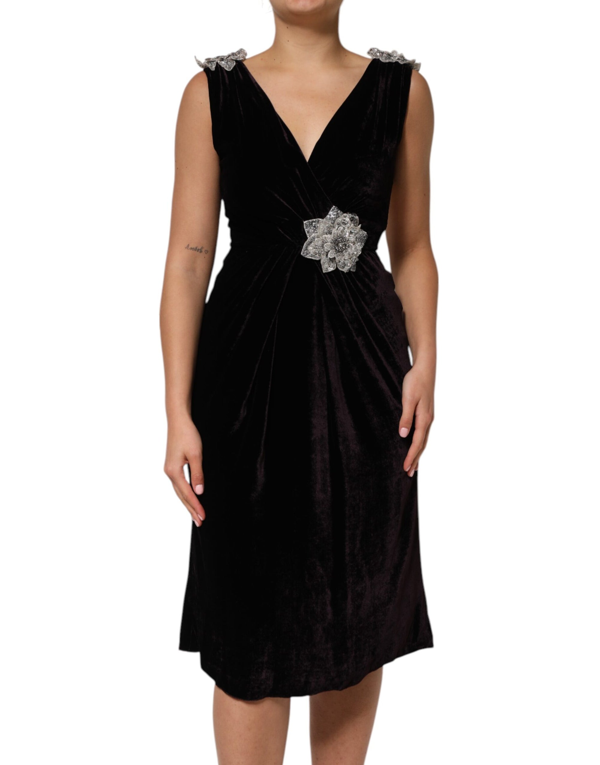 Dolce &amp; Gabbana Black Velvet Flower Embellishment Aline Dress