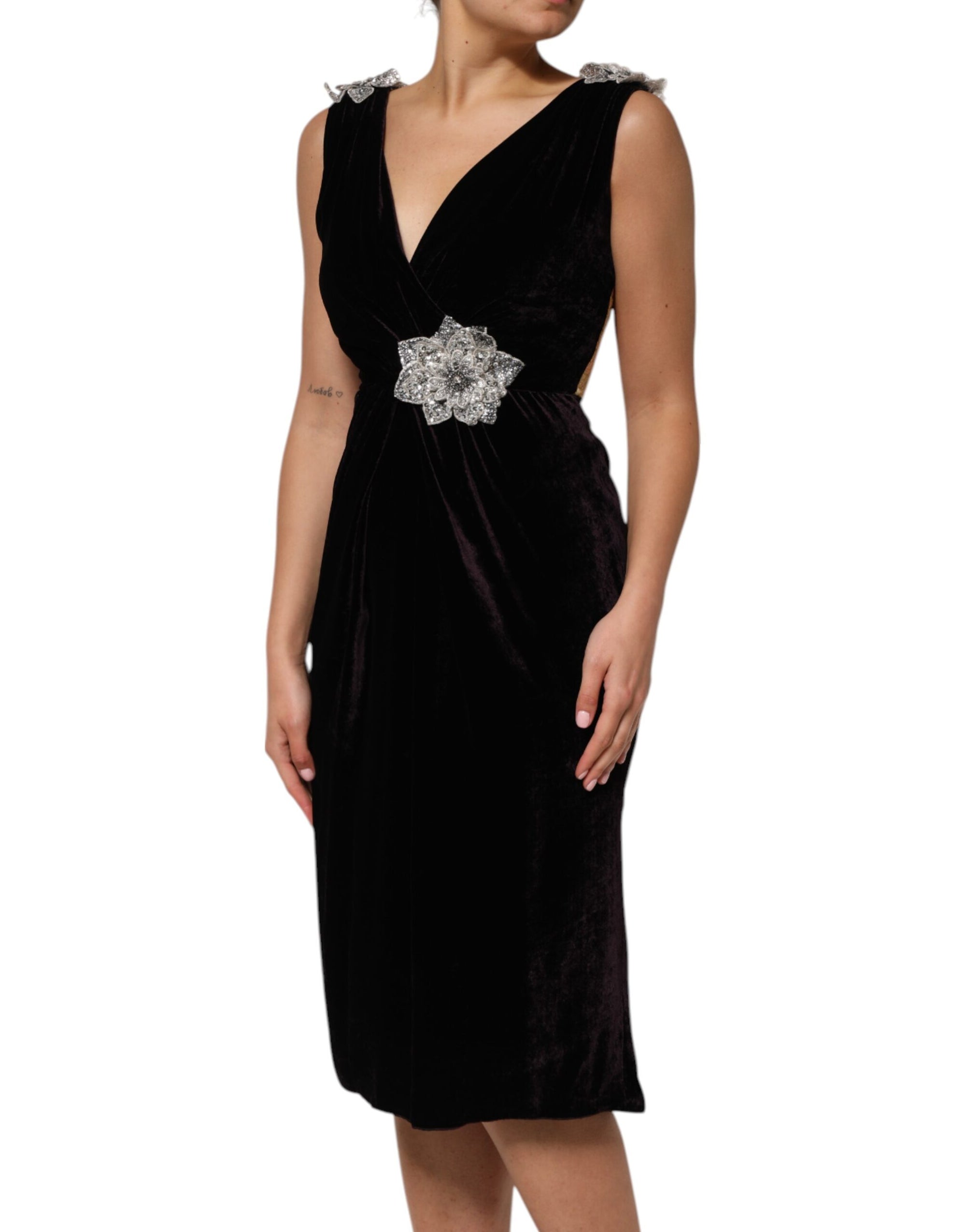Dolce &amp; Gabbana Black Velvet Flower Embellishment Aline Dress