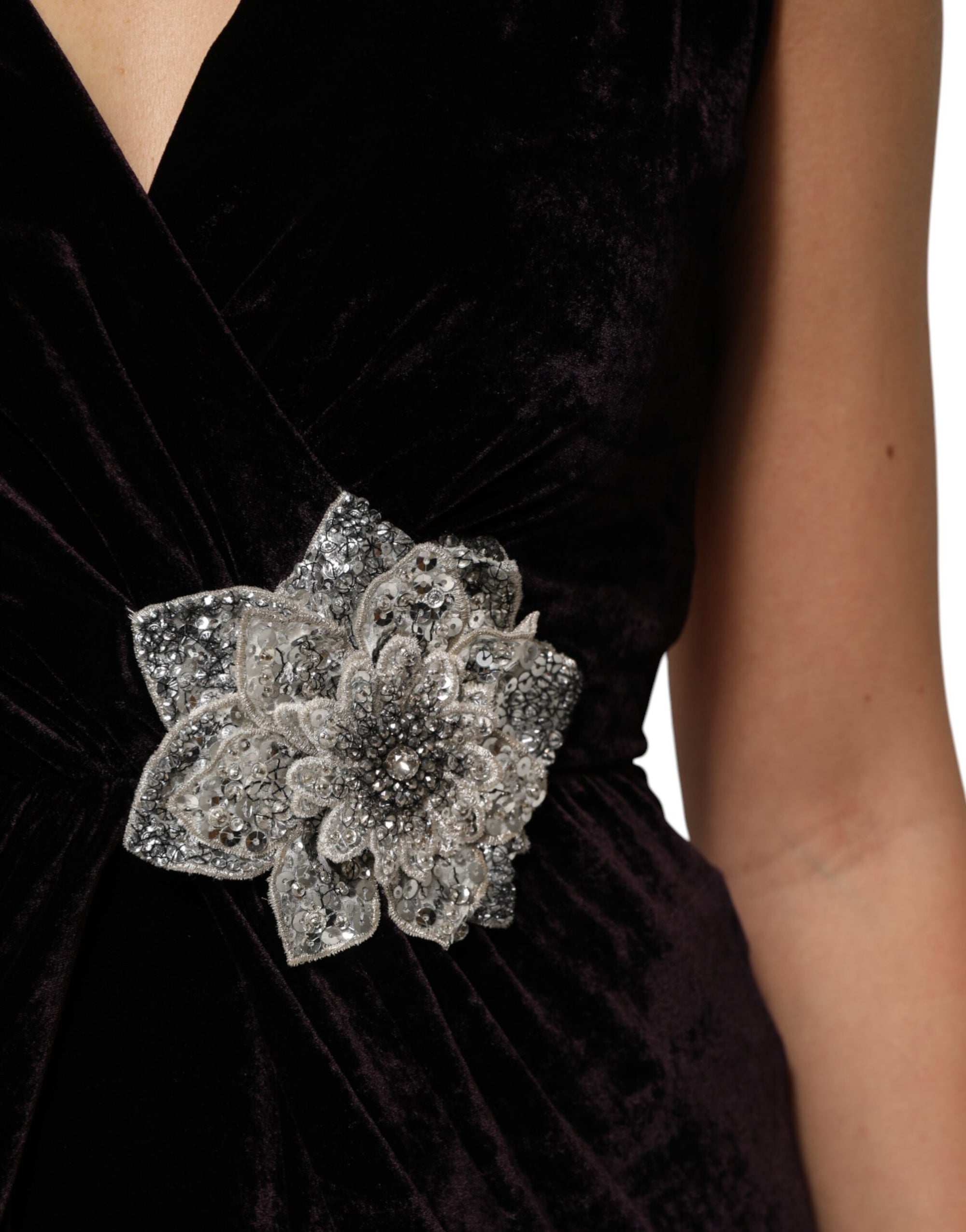 Dolce &amp; Gabbana Black Velvet Flower Embellishment Aline Dress