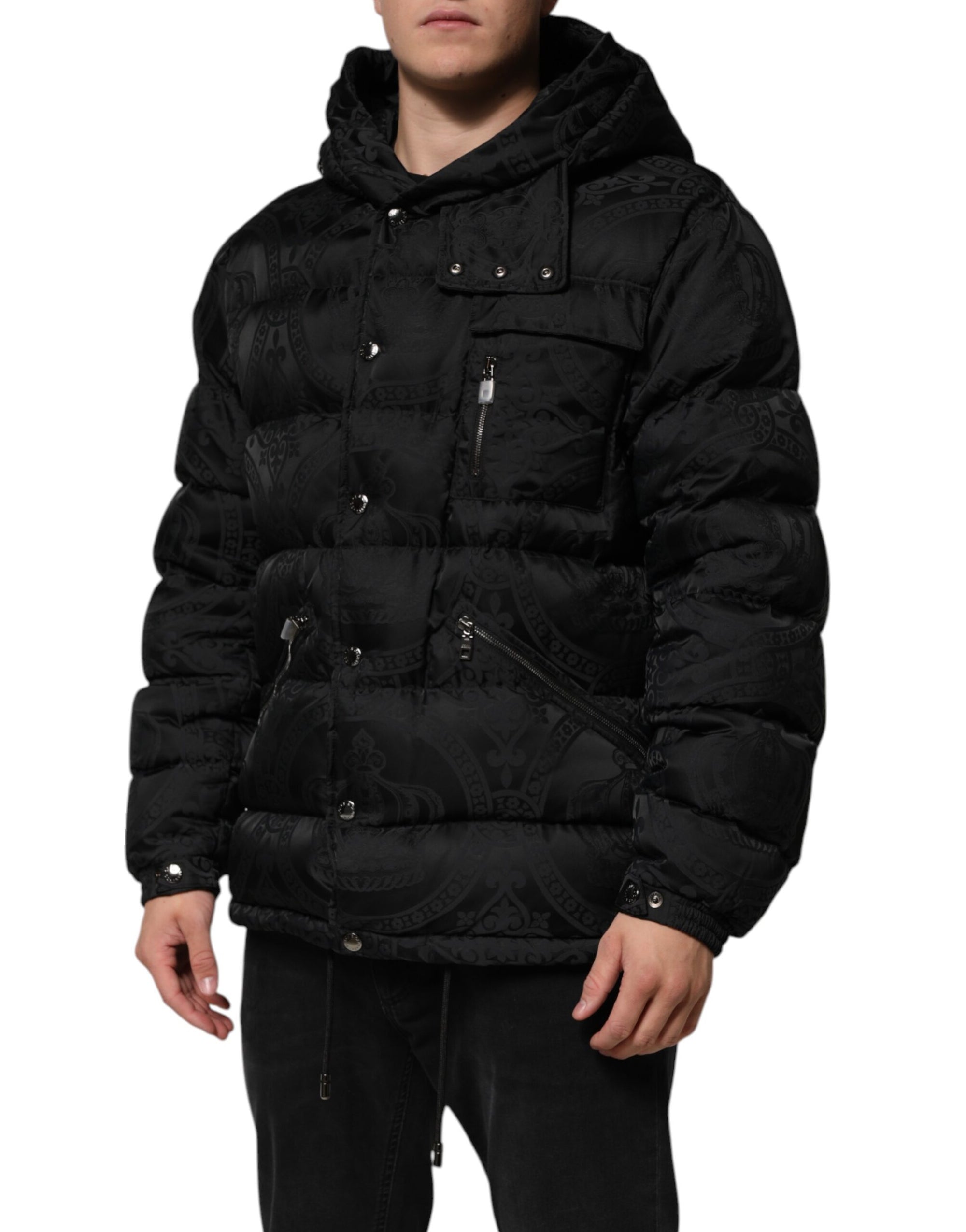 Dolce &amp; Gabbana Doudoune à capuche matelassée en jacquard noir