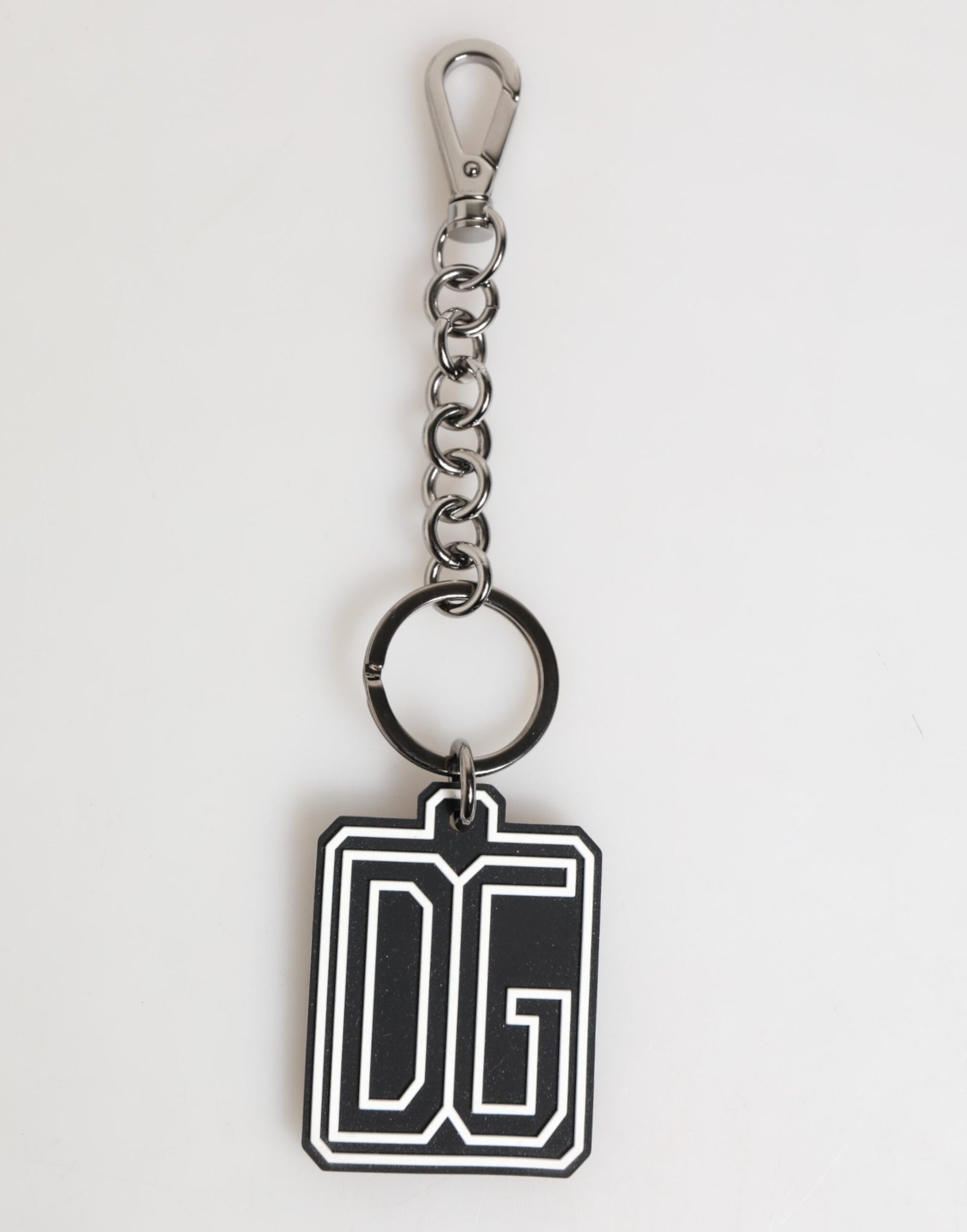 Dolce &amp; Gabbana Black White DG Rubber Logo Silver Men Keychain Keyring