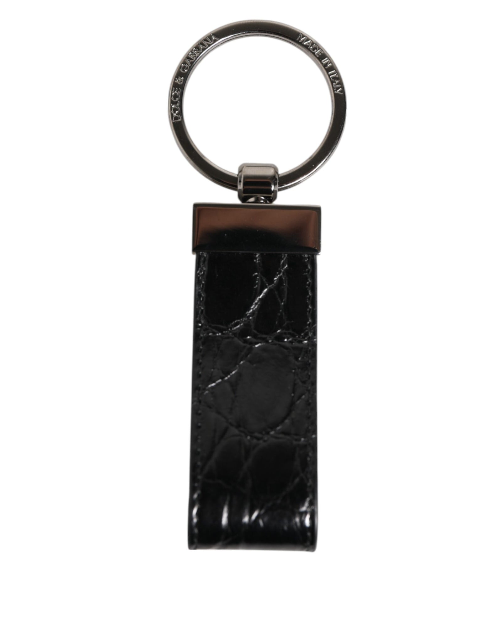 Dolce &amp; Gabbana Black Leather Logo Metal Ring Keychain Holder Men Keyring