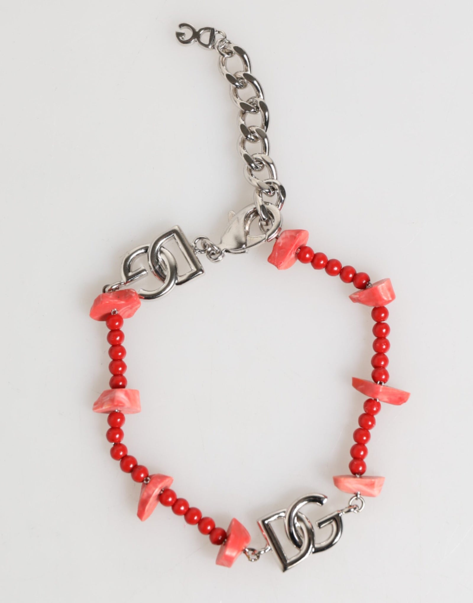 Dolce &amp; Gabbana Silver Tone Brass Beaded Resin DG Logo Chain Men Bracelet