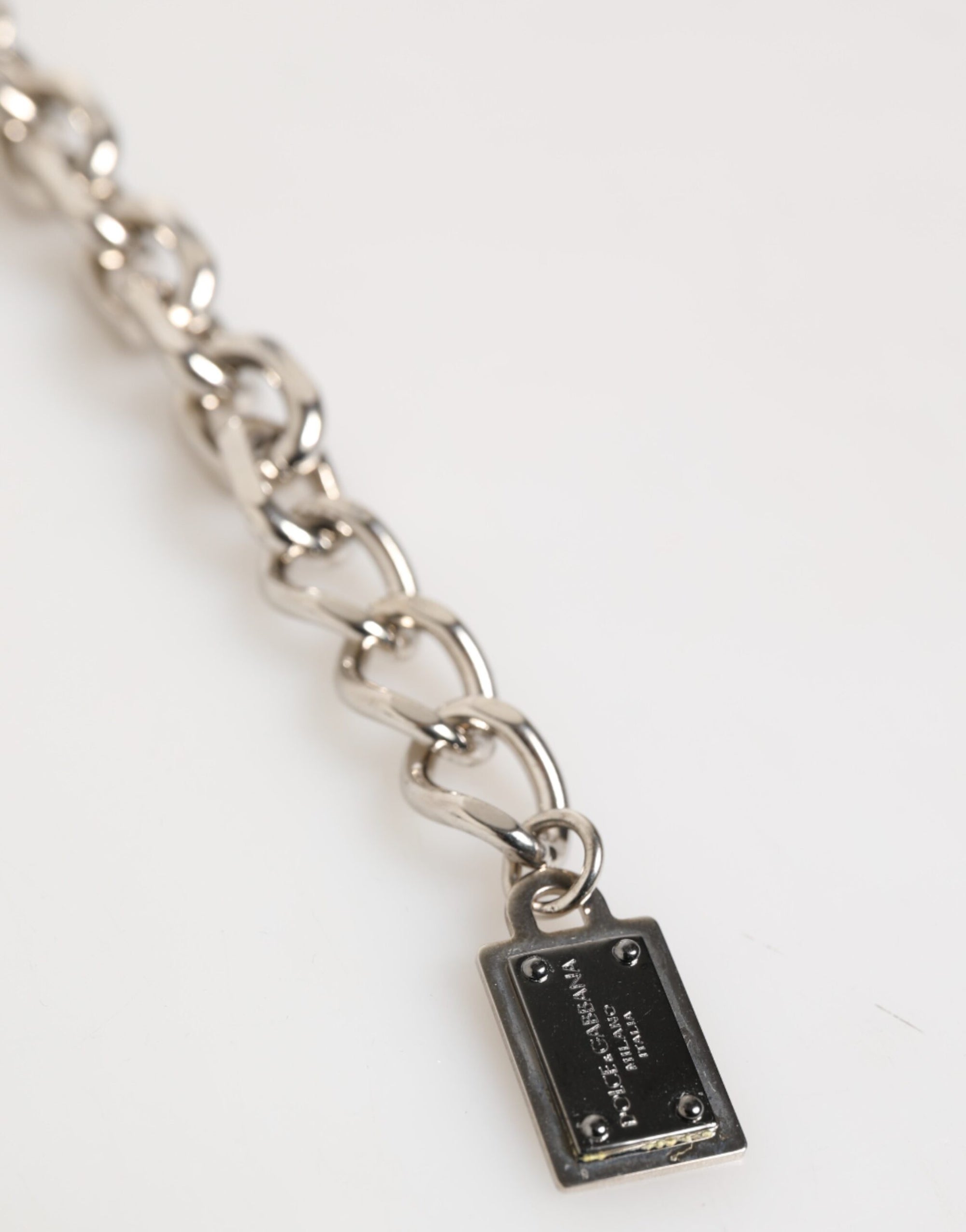 Dolce &amp; Gabbana Silver Chain Brass Beaded Lobster Clasp Logo Men Bracelet