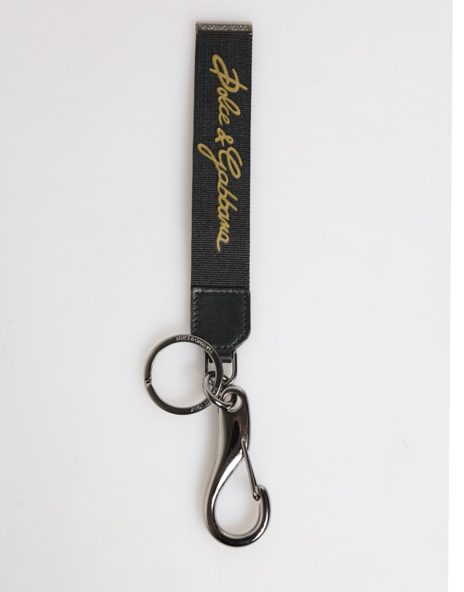 Dolce &amp; Gabbana Black Yellow Polyester DG Logo Silver Keychain Keyring