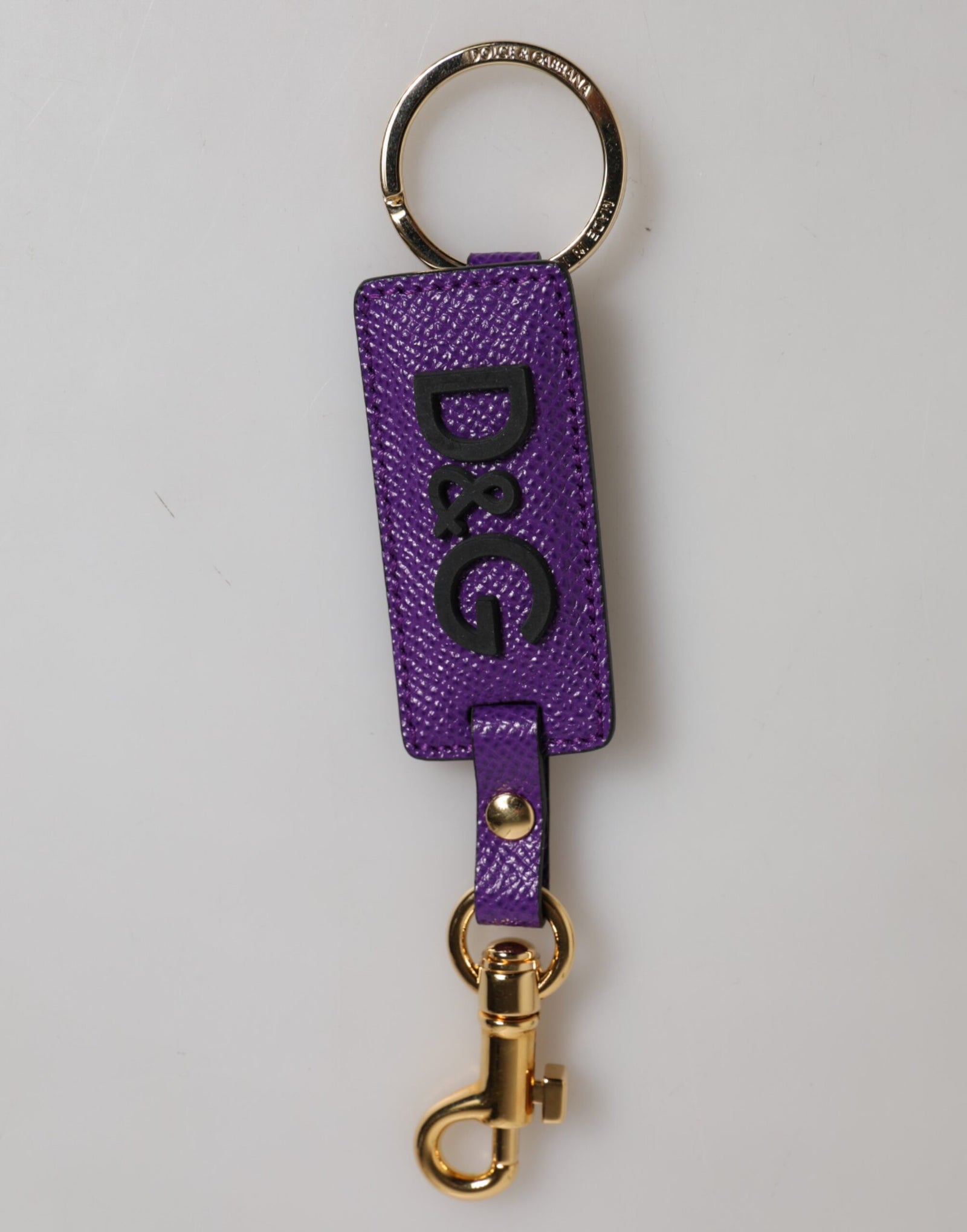 Dolce &amp; Gabbana Purple DG Logo Leather Gold Tone Metal Keyring Keychain