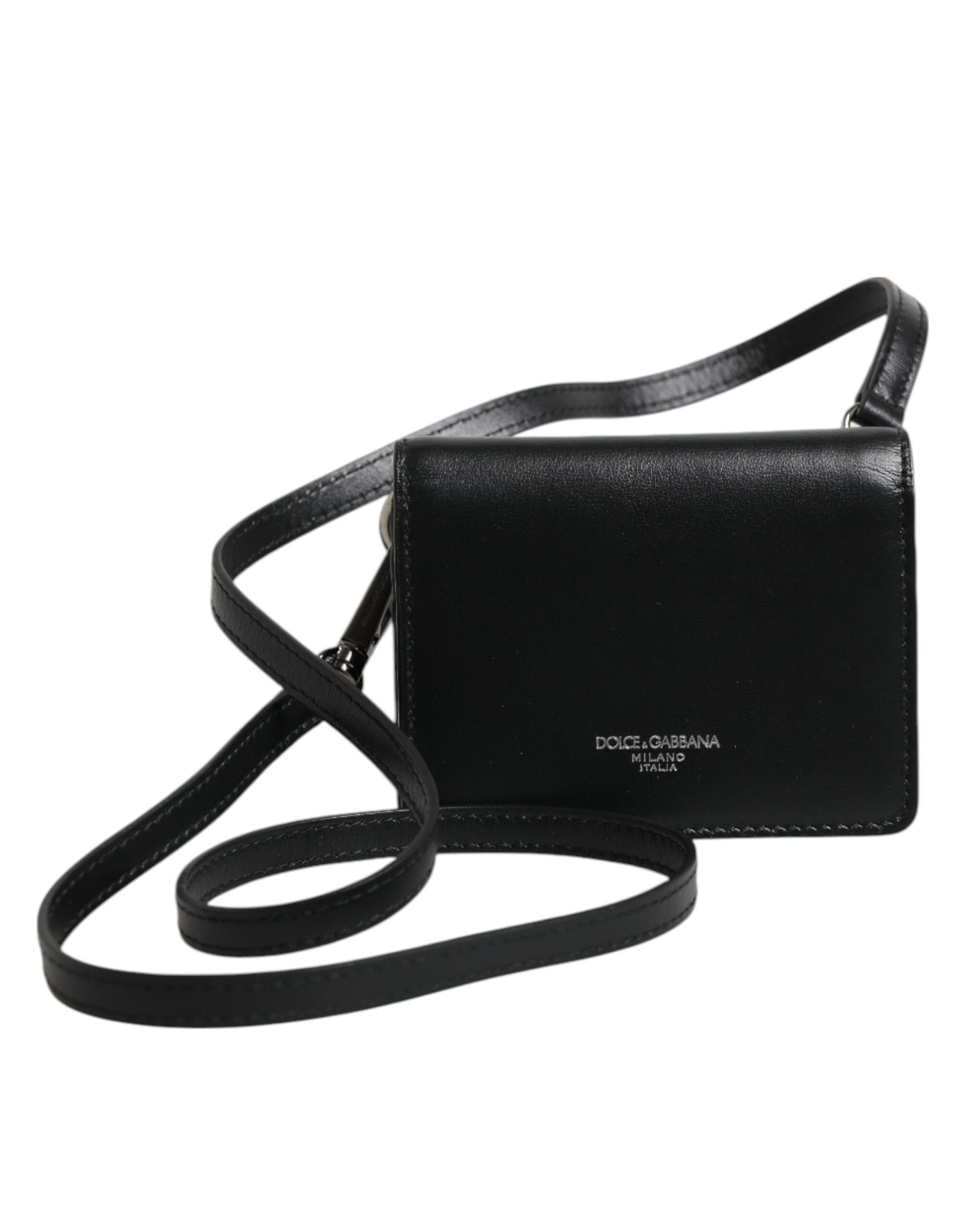 Dolce &amp; Gabbana Black Leather Bifold Card Holder Crossbody Men Borse Bag