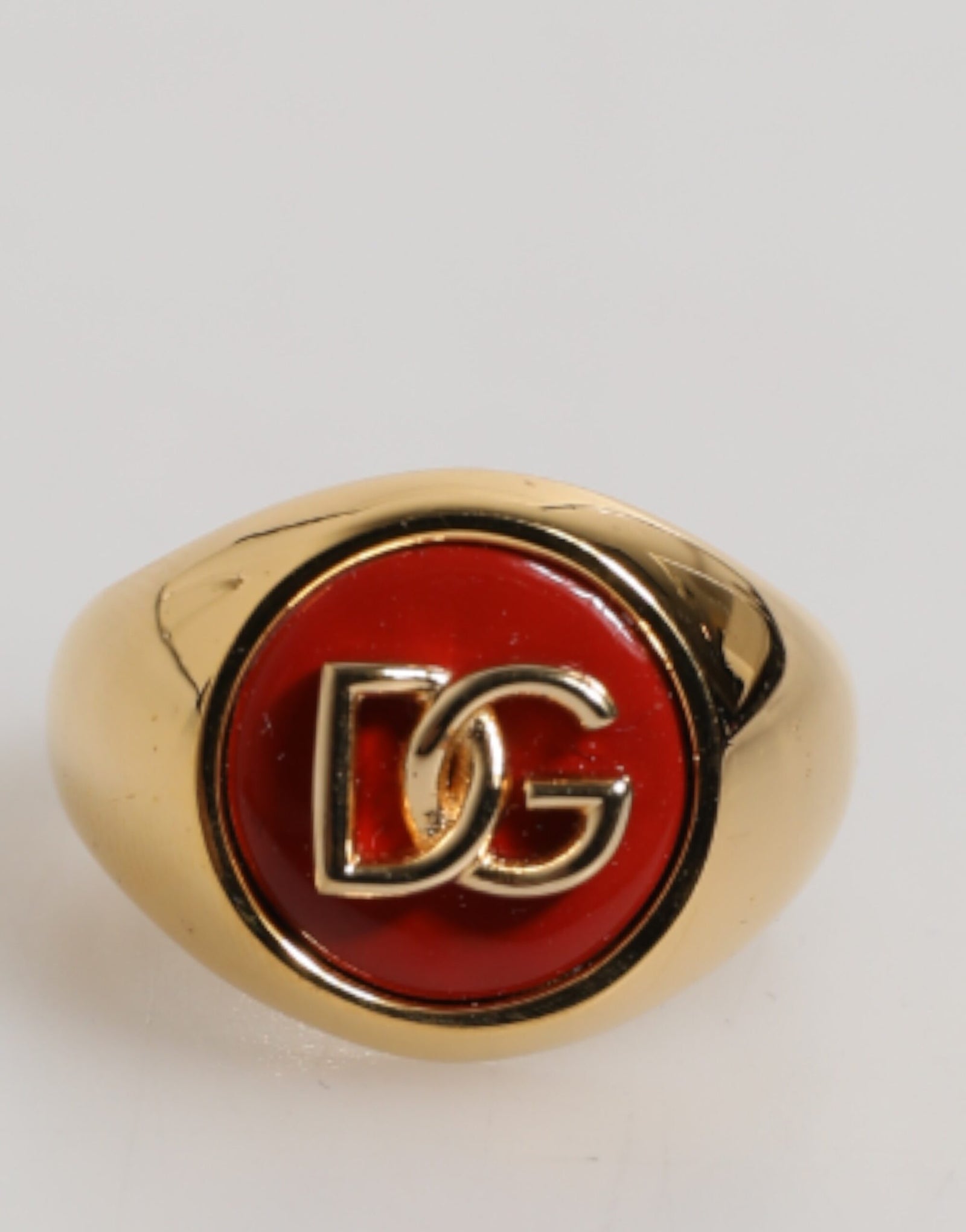 Dolce &amp; Gabbana Gold Tone Real Brass Red DG Logo Men Ring