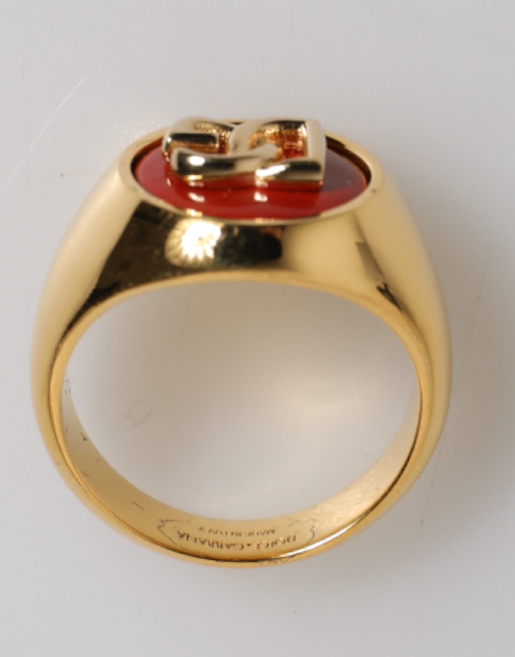 Dolce &amp; Gabbana Gold Tone Real Brass Red DG Logo Men Ring