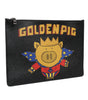 Dolce & Gabbana Black Leather Golden Pig Print Men Clutch Pouch Borse Bag