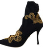 Dolce & Gabbana Black Gold Embroidery Crystal Boots Shoes