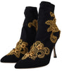 Dolce & Gabbana Black Gold Embroidery Crystal Boots Shoes