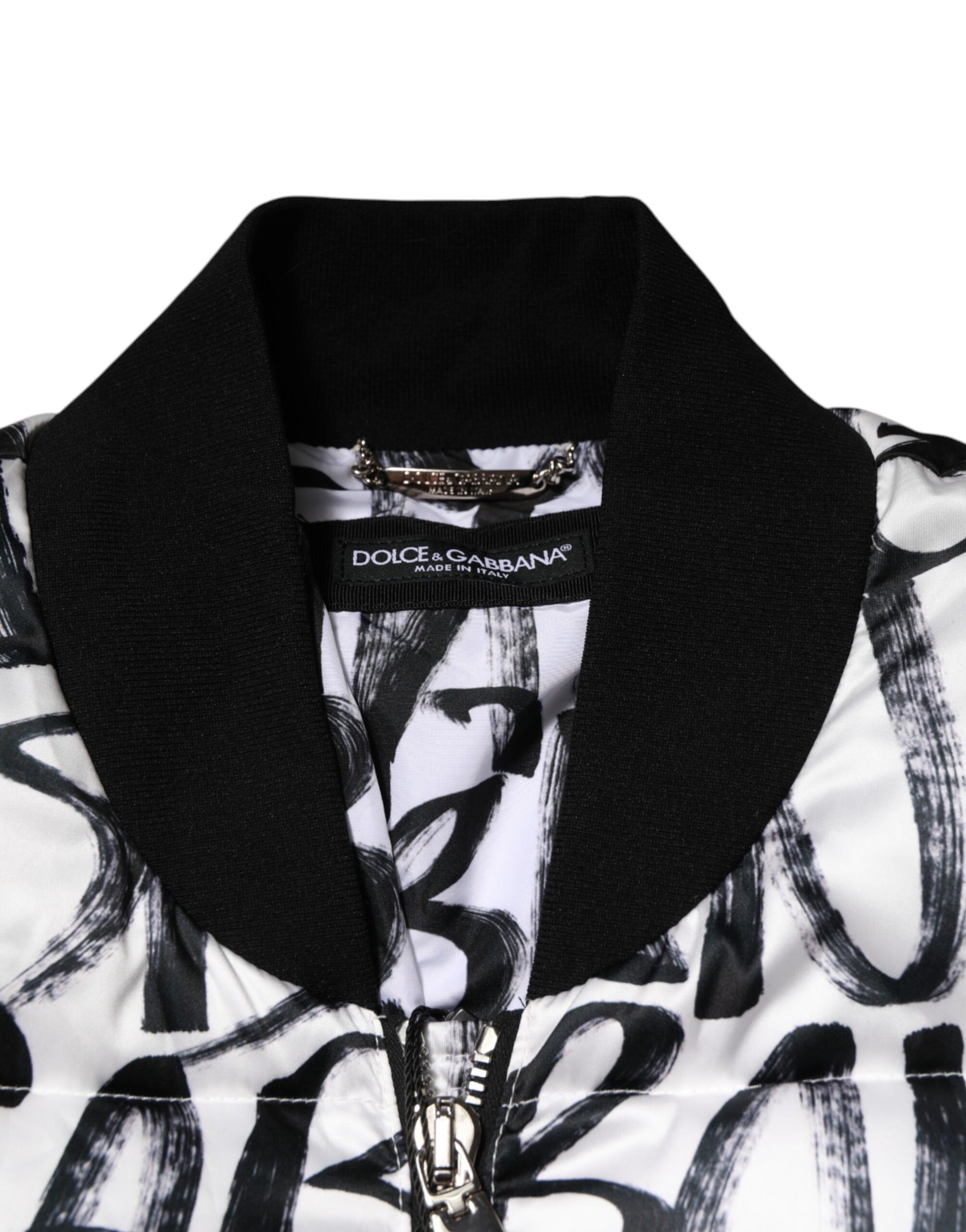 Dolce & Gabbana White Black Graffiti Logo Puffer Bomber Jacket
