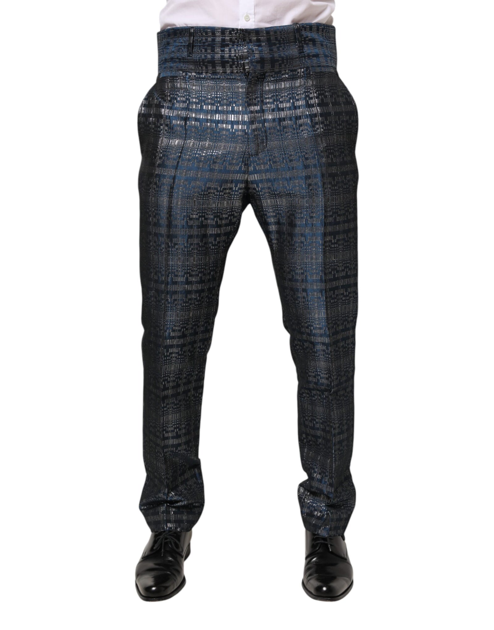 Dolce & Gabbana Blue Silver Shiny Silk Skinny Men Trouser Pants