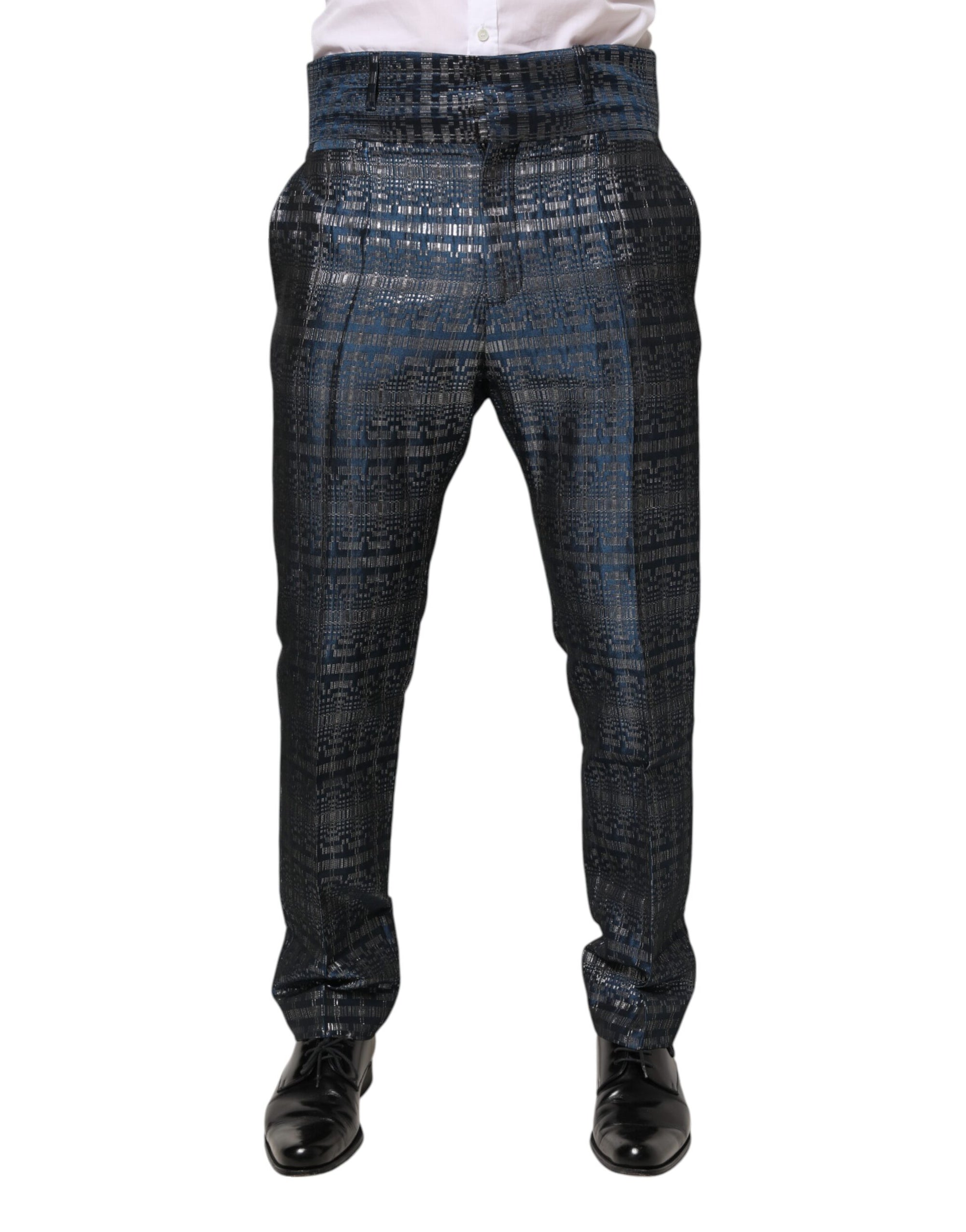 Dolce & Gabbana Blue Silver Shiny Silk Skinny Men Trouser Pants