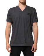 Dolce & Gabbana Grey Cotton V-Neck Logo Plaque Melange T-Shirt