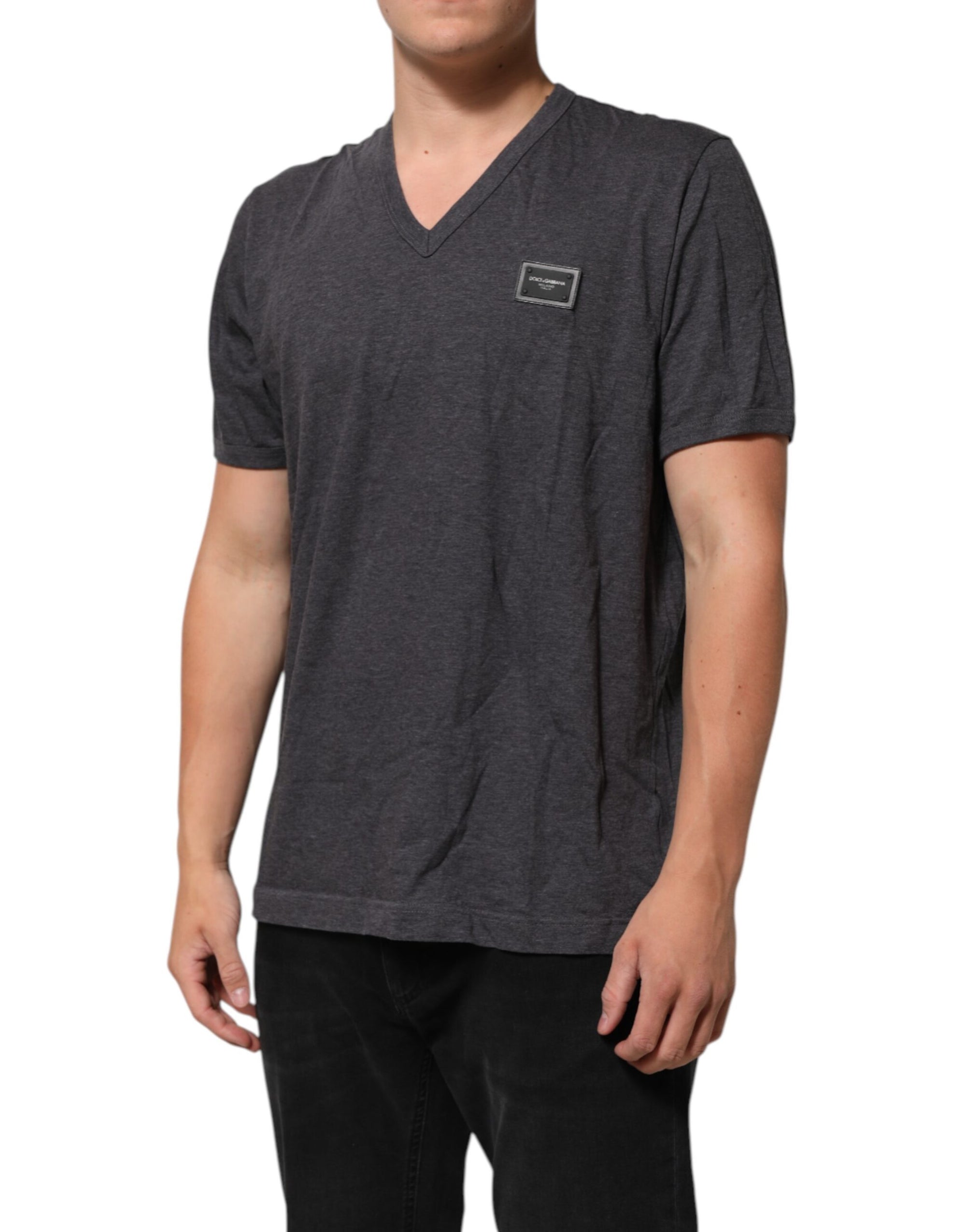 Dolce & Gabbana Grey Cotton V-Neck Logo Plaque Melange T-Shirt