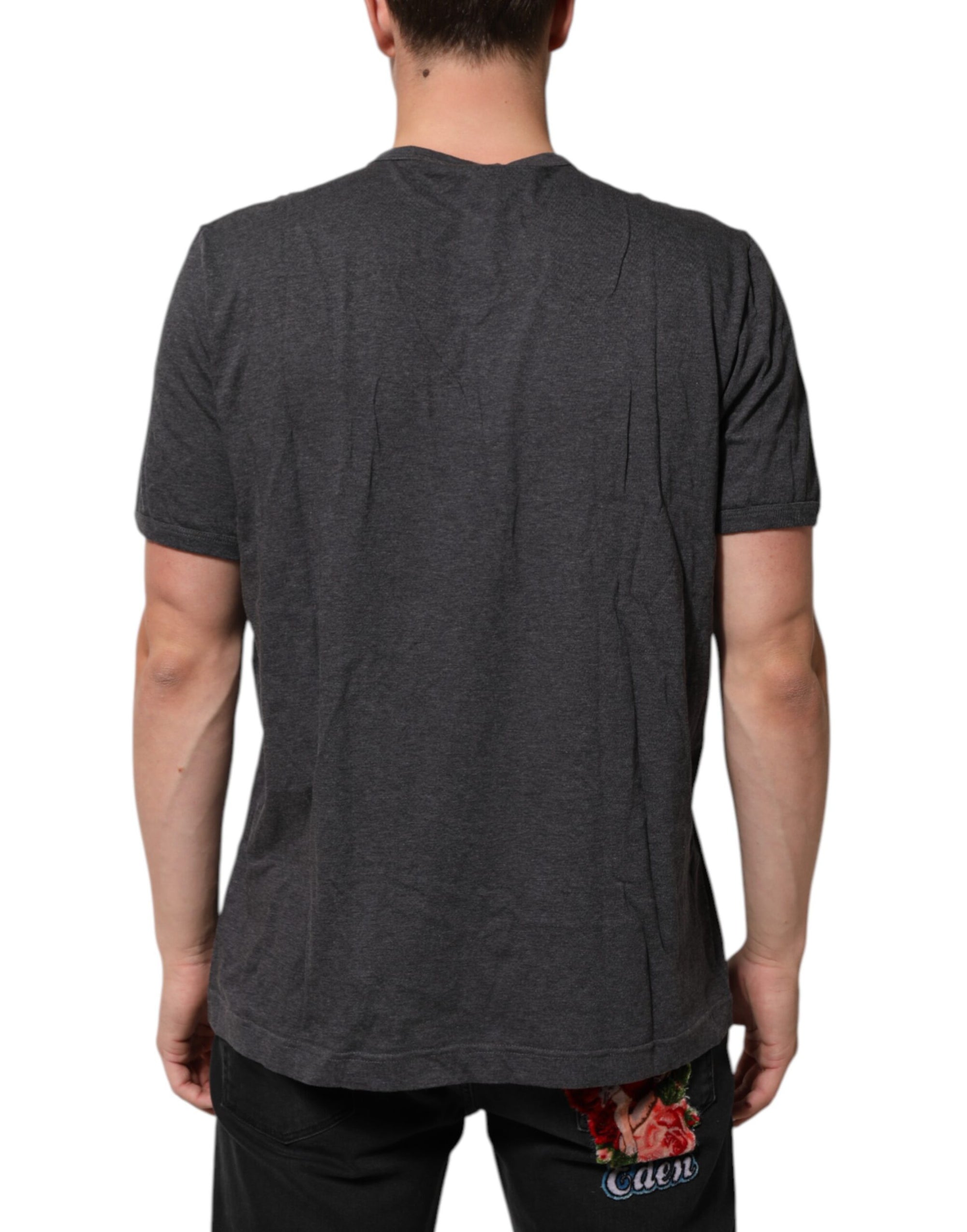 Dolce & Gabbana Grey Cotton V-Neck Logo Plaque Melange T-Shirt