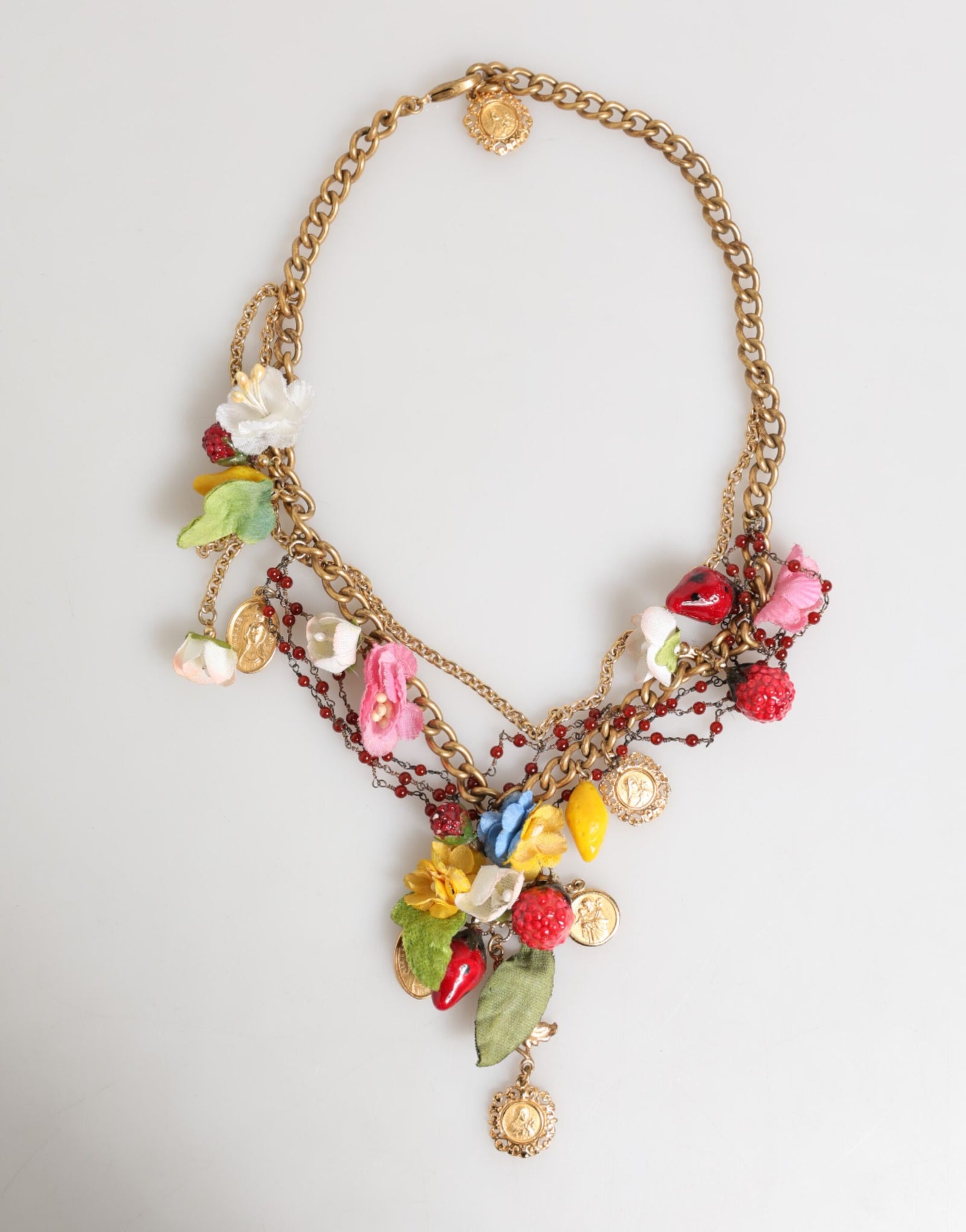 Dolce & Gabbana Estate Multicolor Floral Fruit Gold Chain Statement Necklace