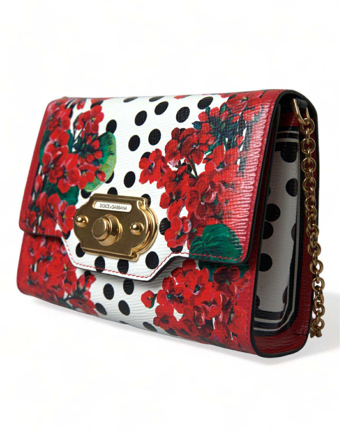 Dolce & Gabbana Red Floral Polka Dot Print Leather Chain DG Logo Shoulder  Bag