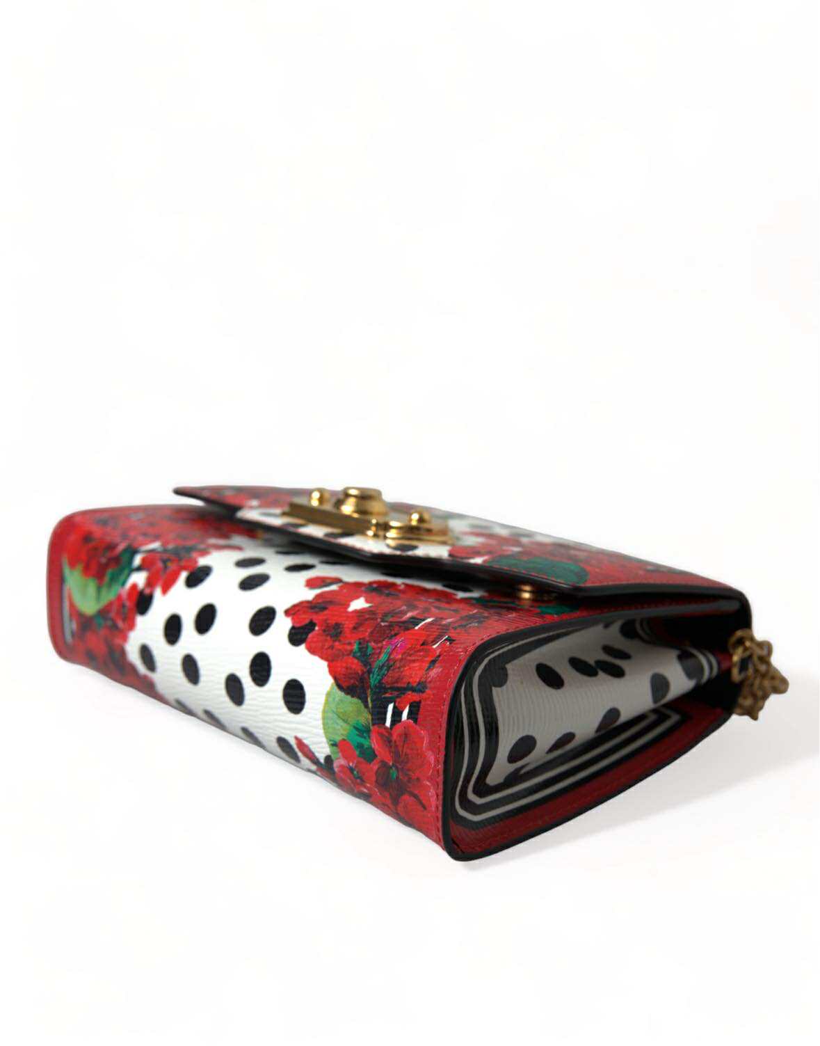 Dolce & Gabbana Red Floral Polka Dot Print Leather Chain DG Logo Shoulder  Bag