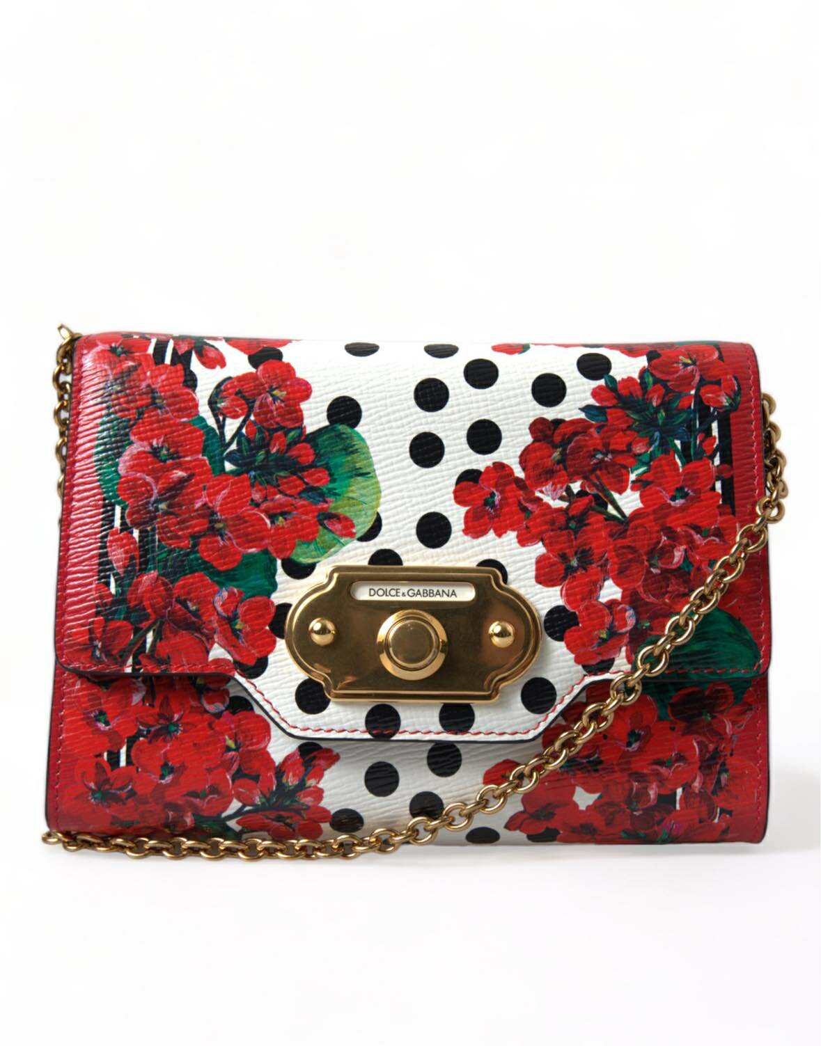 Dolce & Gabbana Red Floral Polka Dot Print Leather Chain DG Logo Shoulder  Bag
