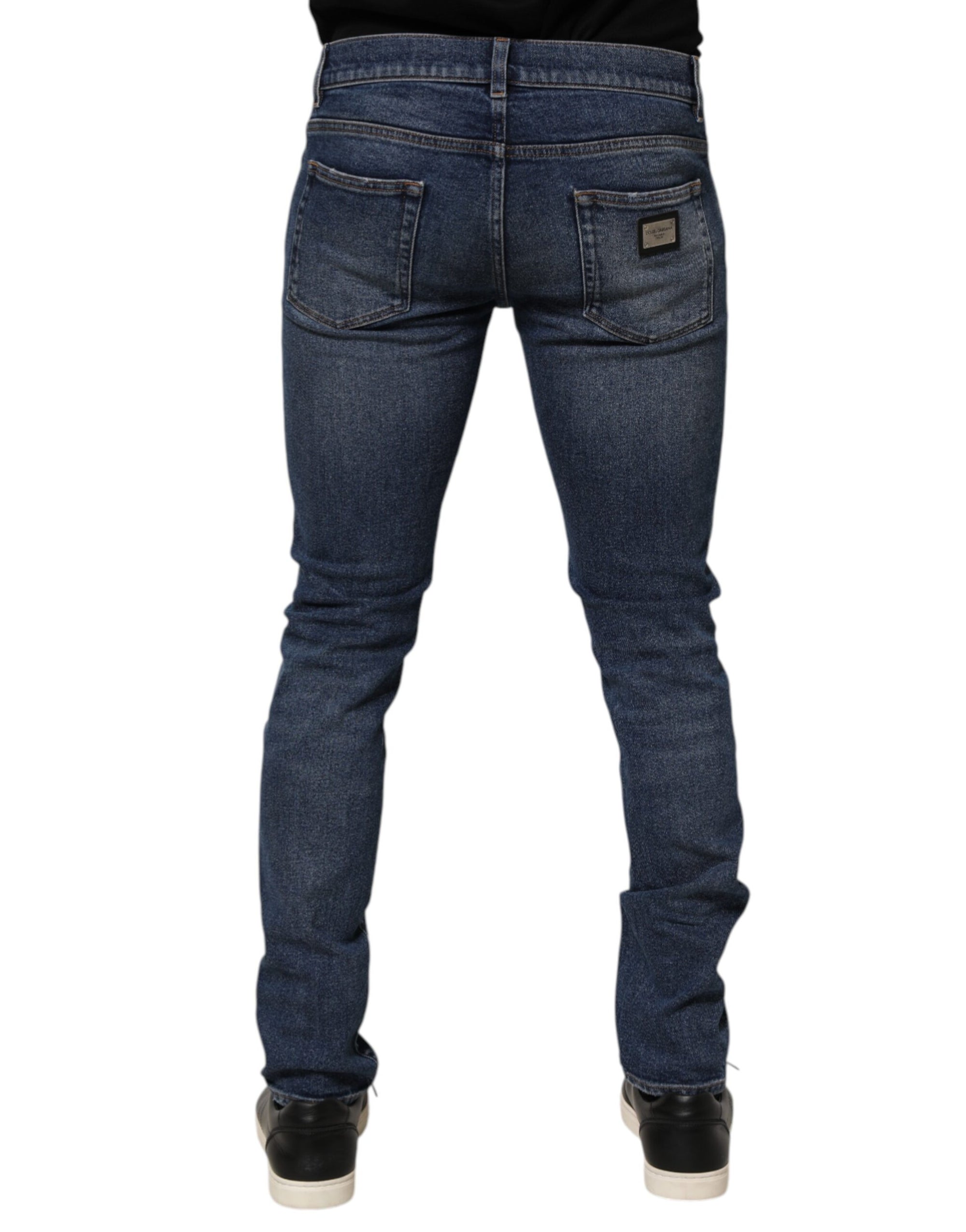 Dolce & Gabbana Blue Cotton Logo Plaque Skinny Men Denim Jeans