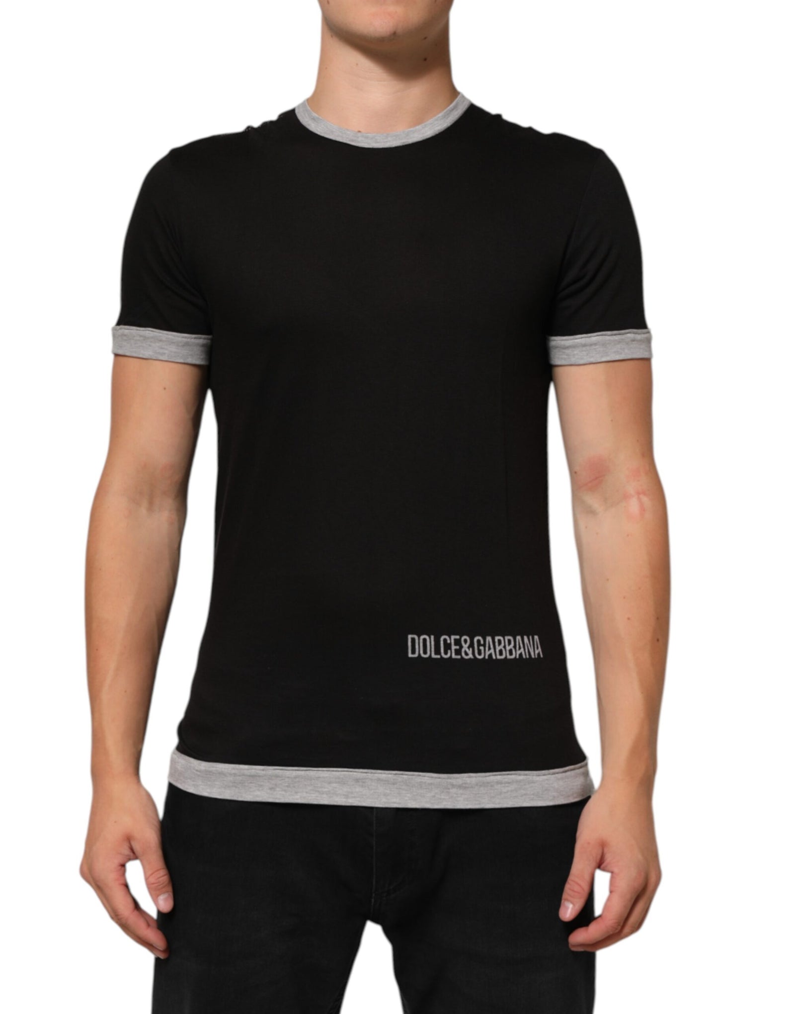 Dolce & Gabbana Black Cotton Logo Print Men Crew Neck T-shirt