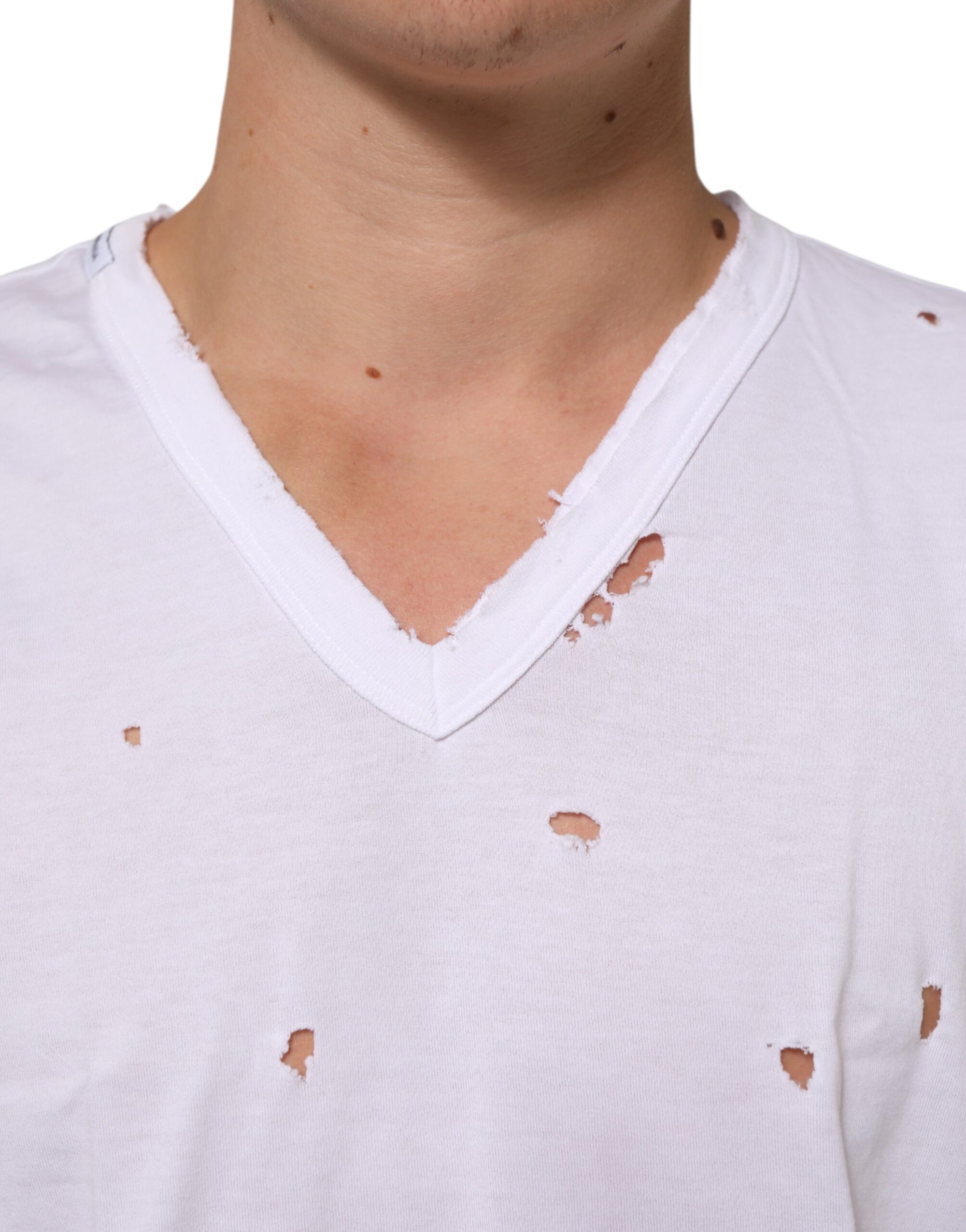 Dolce & Gabbana White Distressed Cotton V Neck Men T-shirt