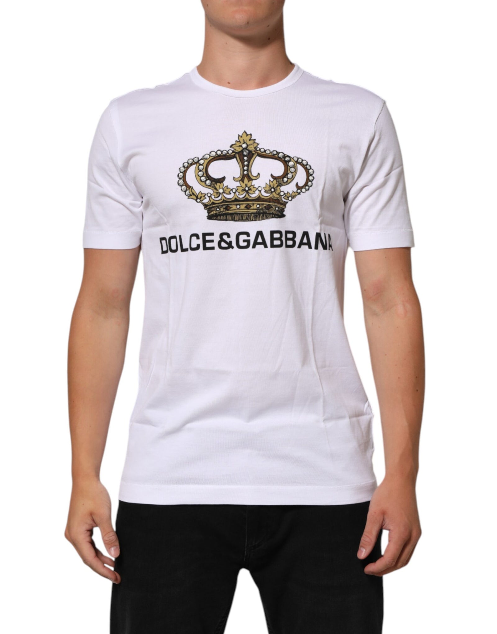 Dolce & Gabbana White Crown Print Cotton Crew Neck T-shirt