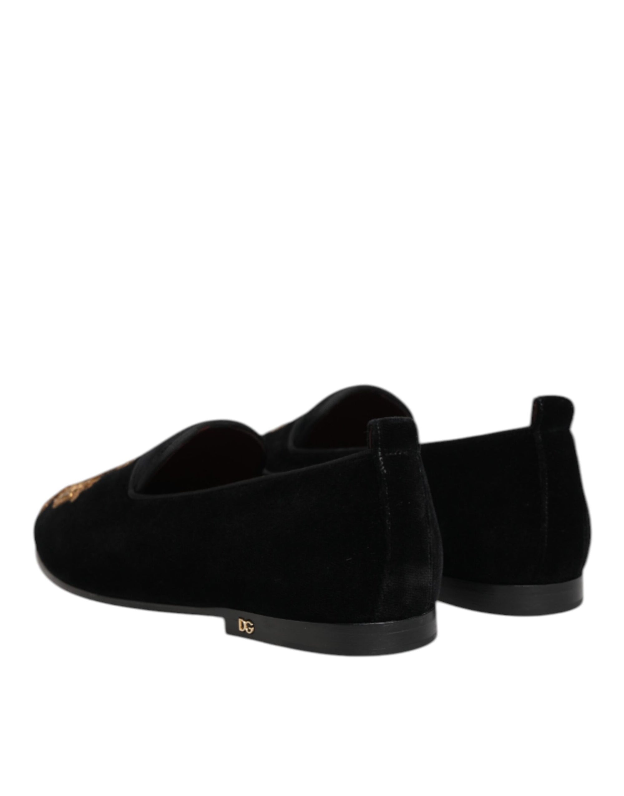 Dolce & Gabbana Black Velvet Gold Crown Mens Loafers Shoes