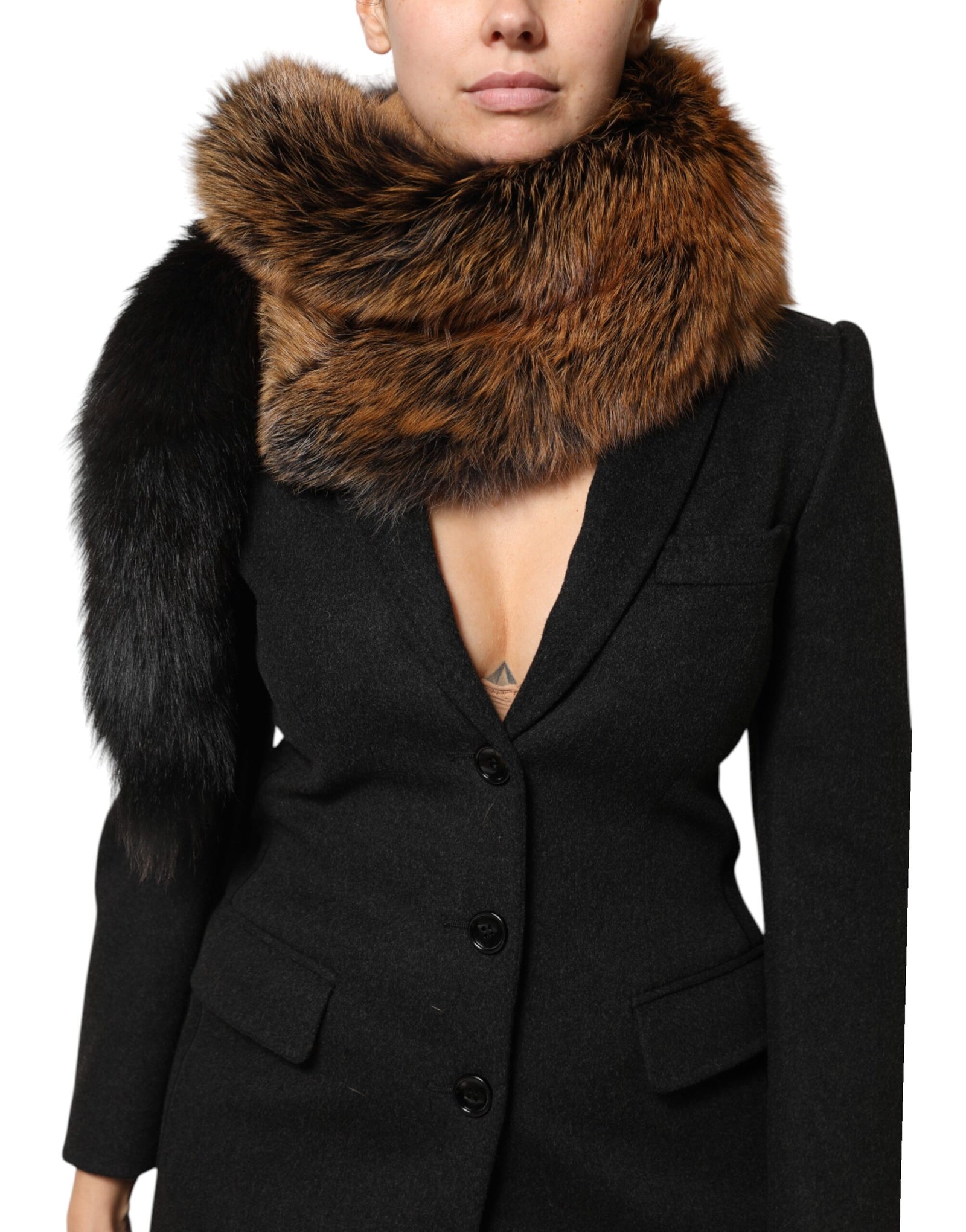 Dolce & Gabbana Brown Red Fox Fur Neck Cashmere Warmer Scarf